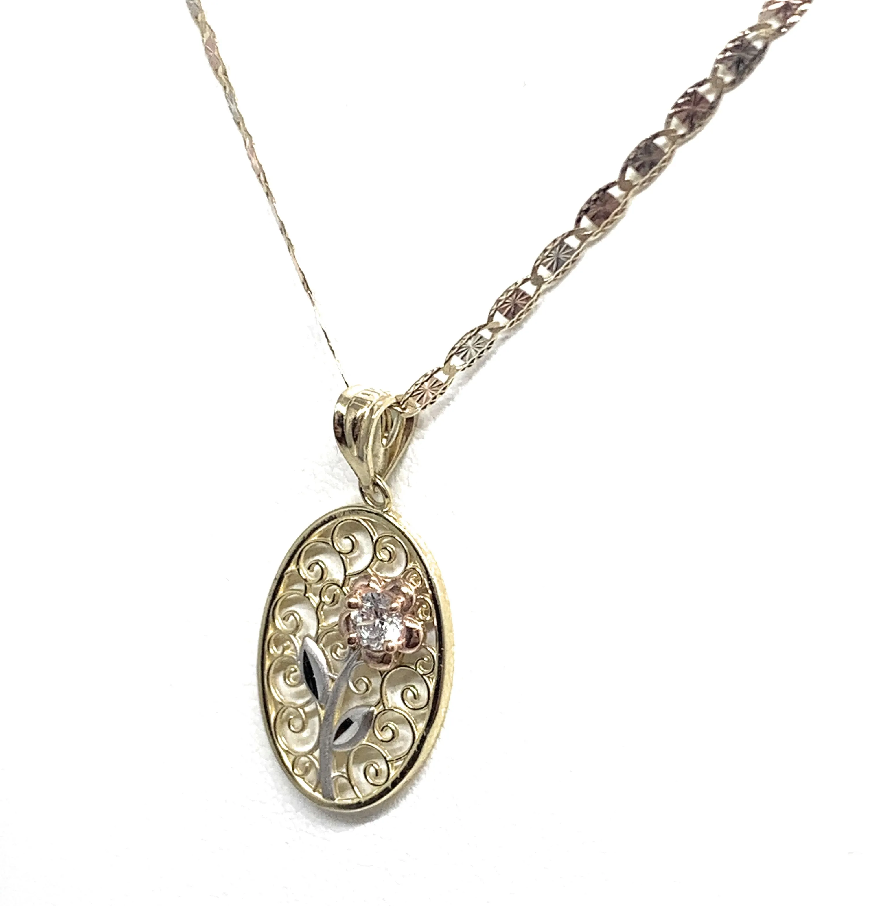 10k Solid Gold Tri-Color Flower CZ Filigran Pendant Necklace