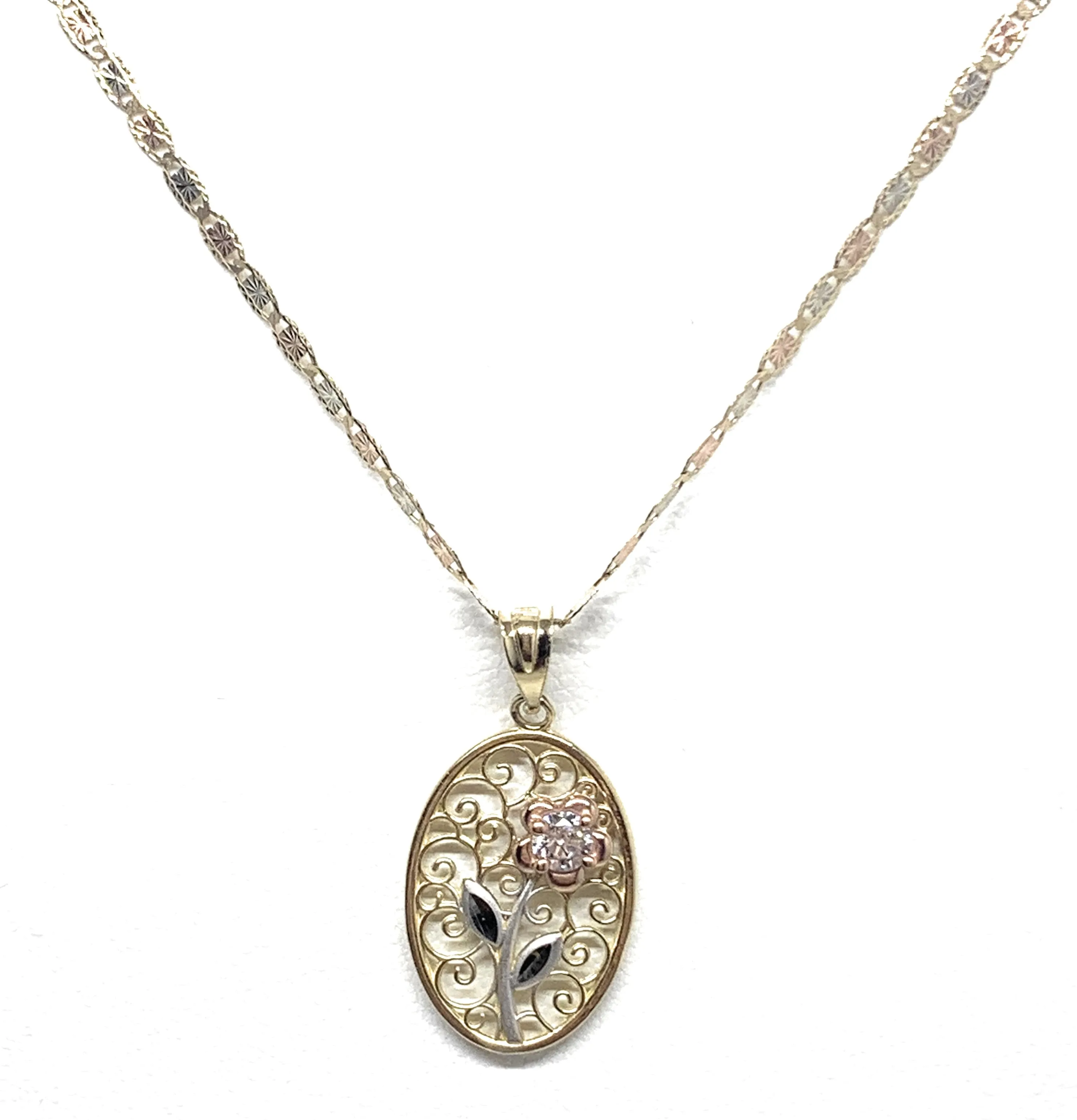 10k Solid Gold Tri-Color Flower CZ Filigran Pendant Necklace