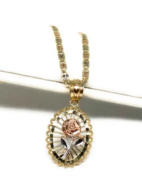 10k Solid Gold Tri-Color Flower Pendant Necklace Tri-Color Valentina Chain