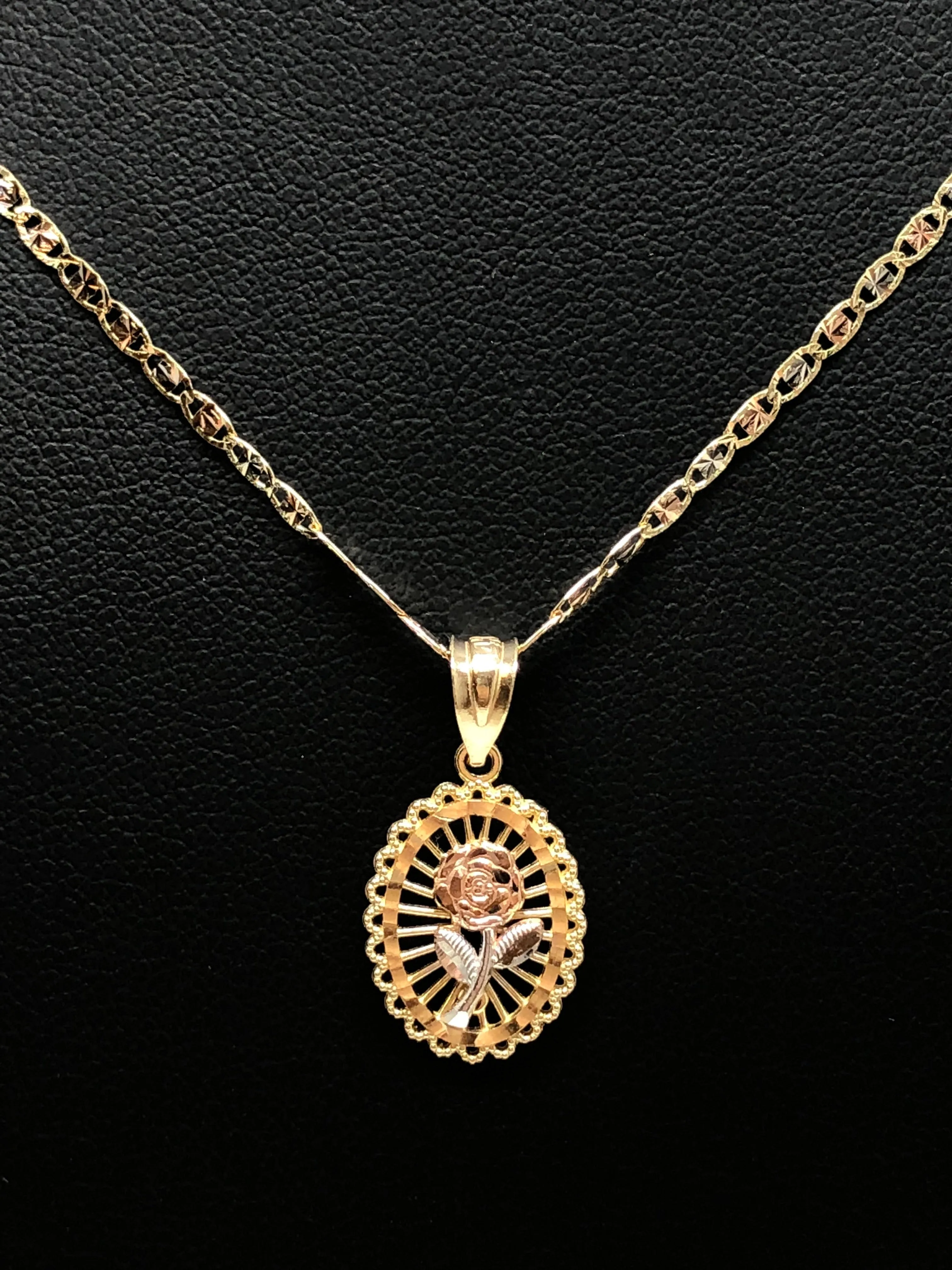 10k Solid Gold Tri-Color Flower Pendant Necklace Tri-Color Valentina Chain