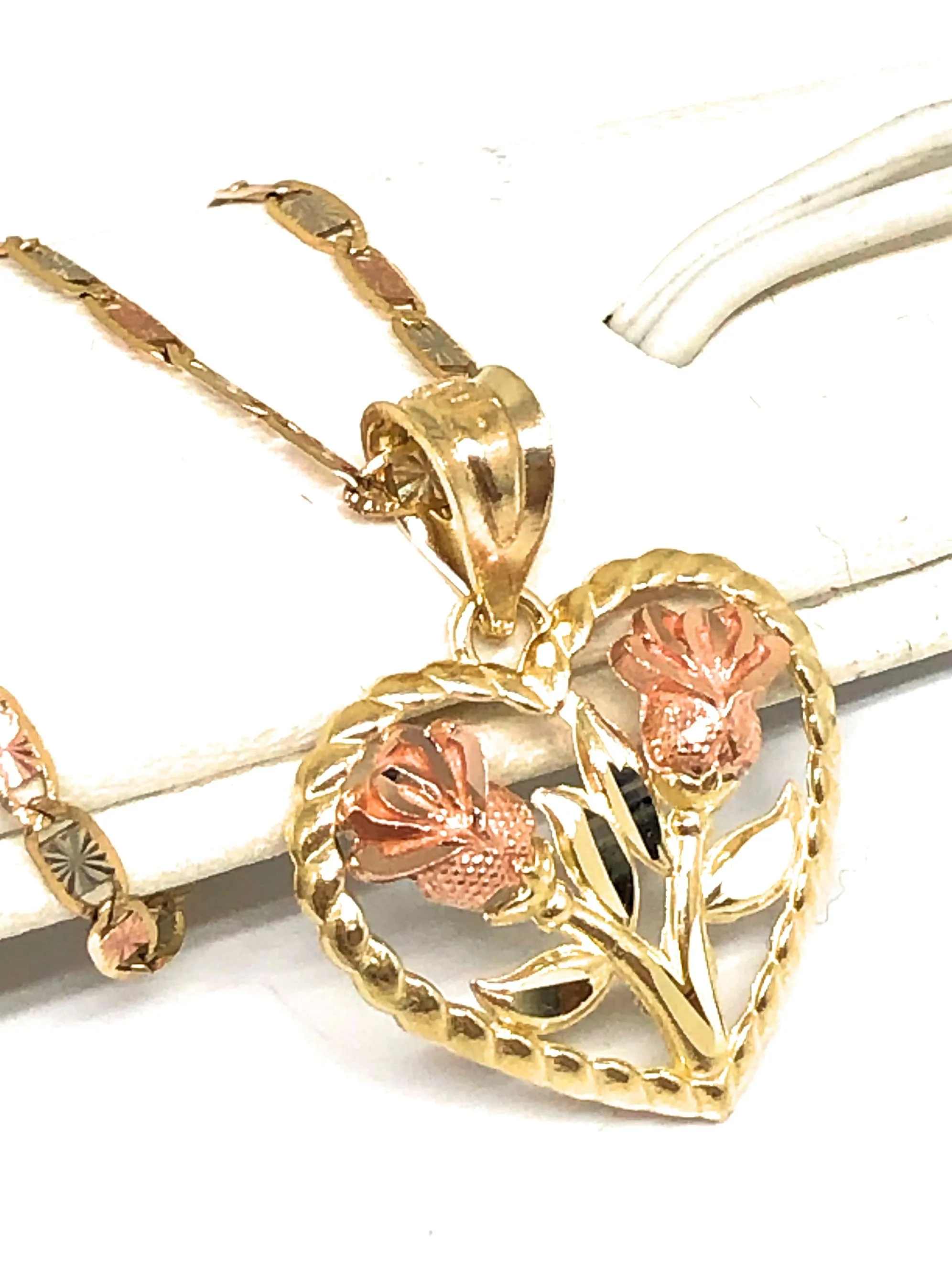 10k Solid Gold Yellow & Rose Gold Double Rose Flower Pendant Necklace Valentina Chain