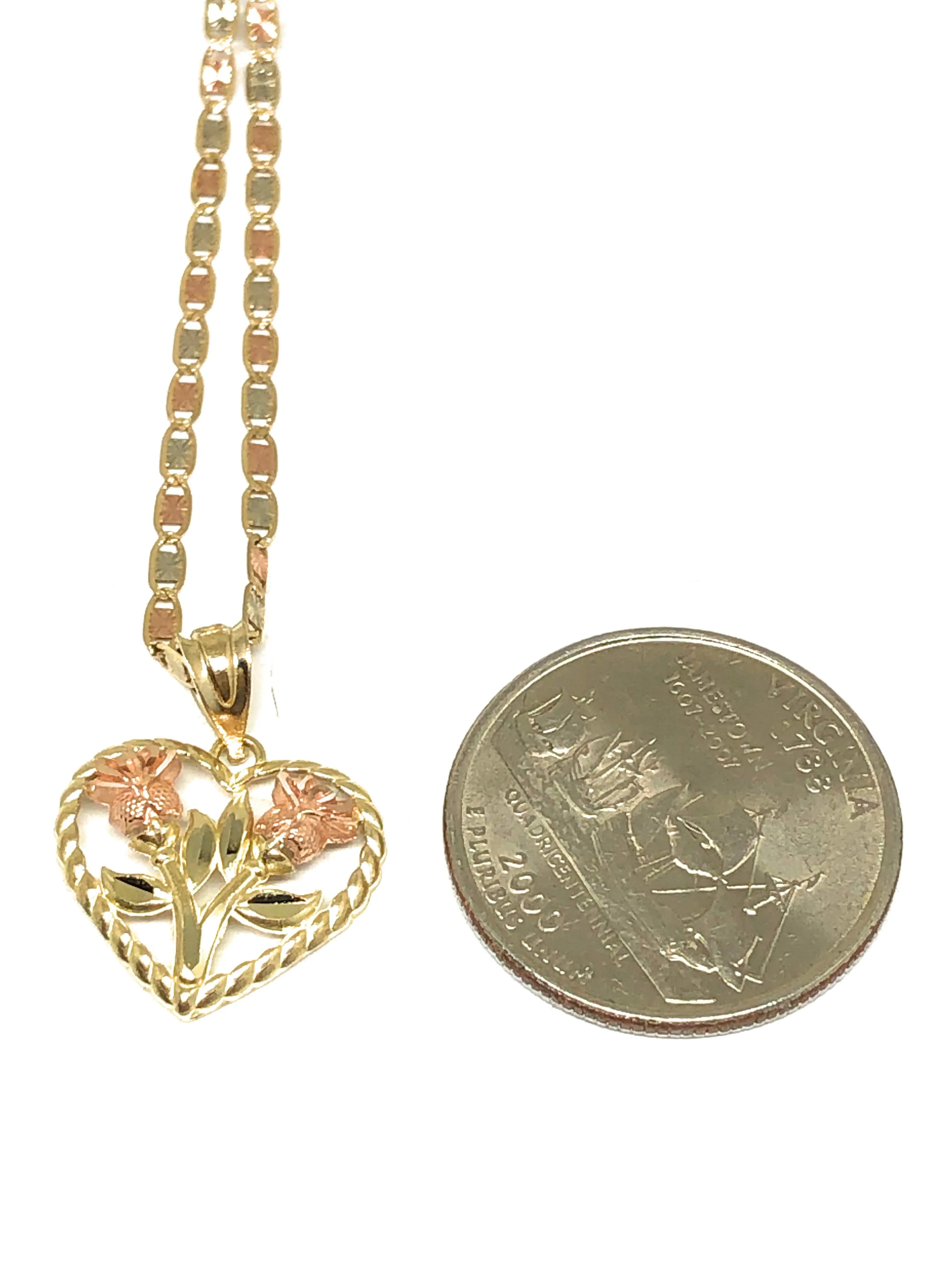 10k Solid Gold Yellow & Rose Gold Double Rose Flower Pendant Necklace Valentina Chain