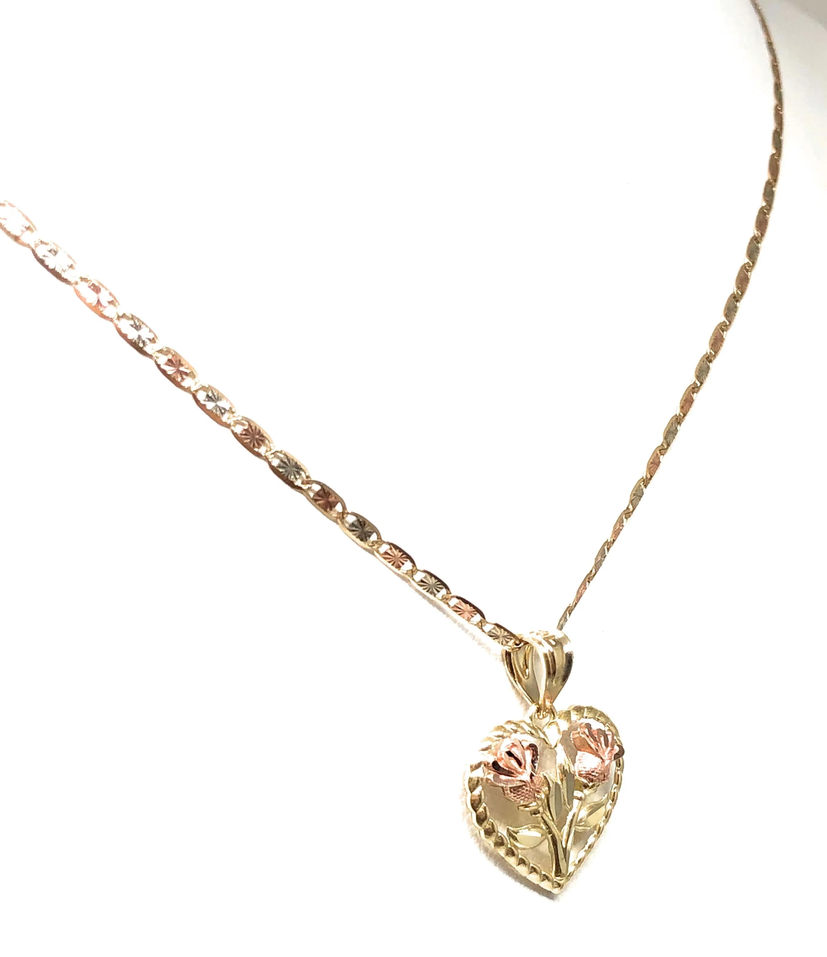 10k Solid Gold Yellow & Rose Gold Double Rose Flower Pendant Necklace Valentina Chain