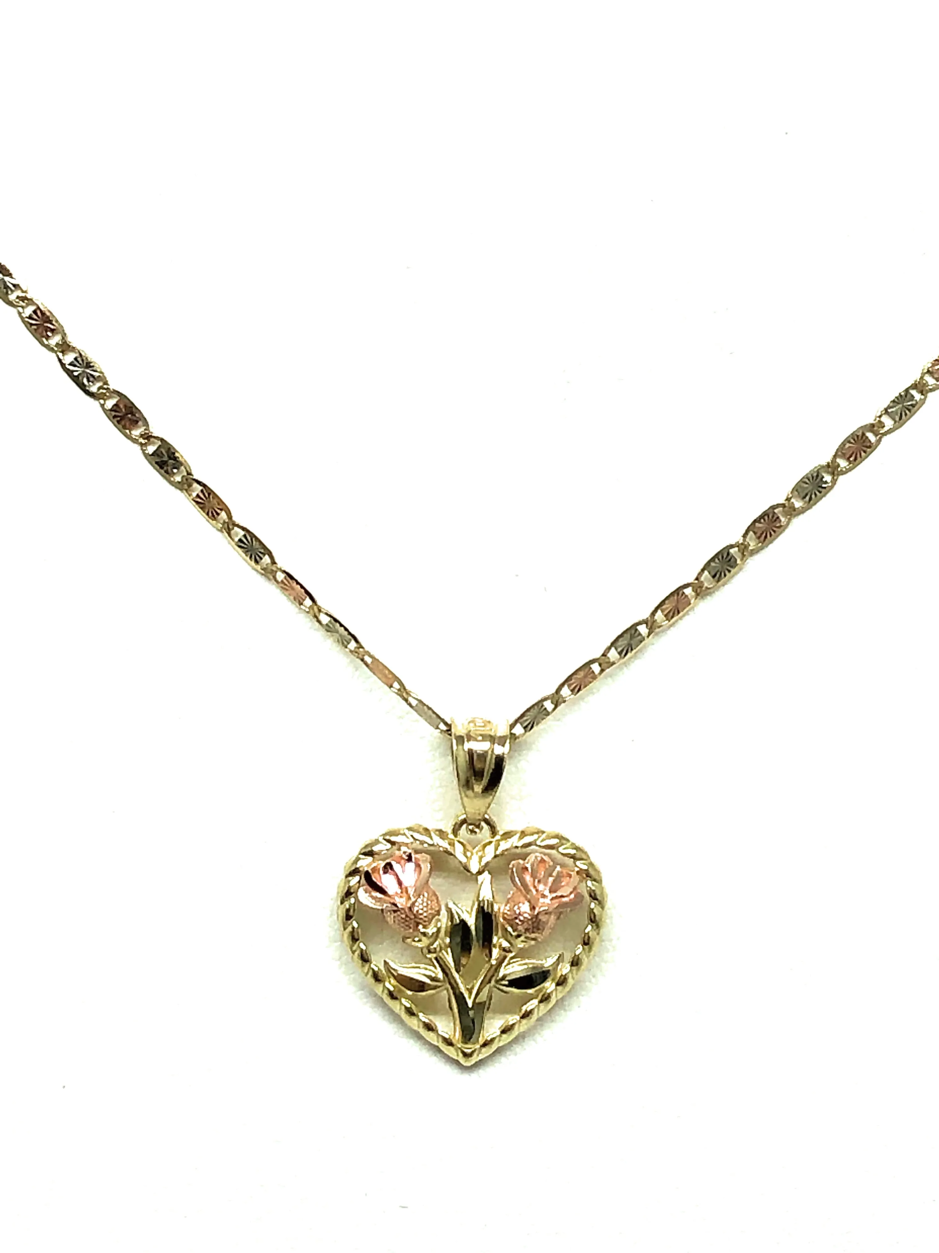 10k Solid Gold Yellow & Rose Gold Double Rose Flower Pendant Necklace Valentina Chain