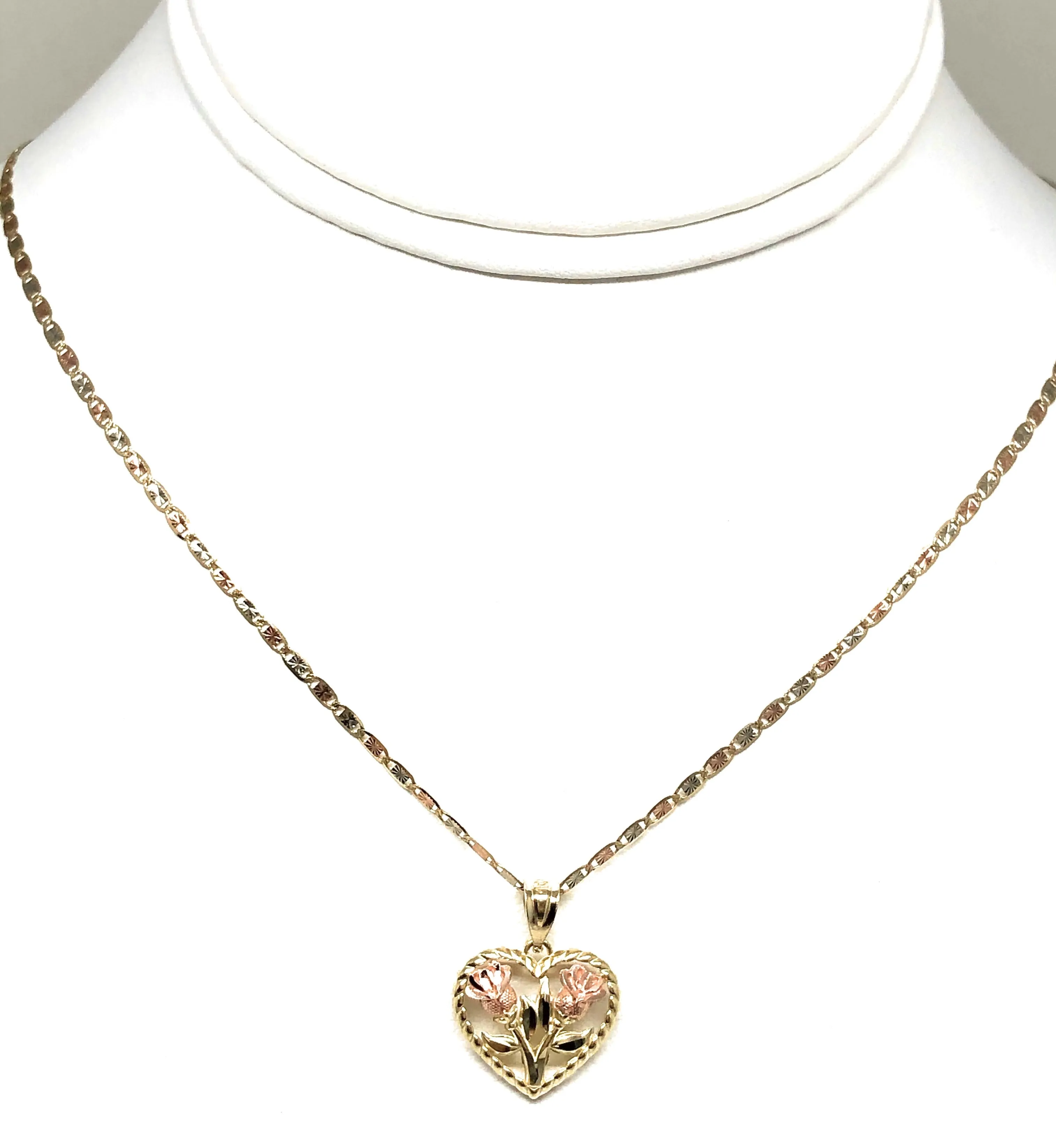 10k Solid Gold Yellow & Rose Gold Double Rose Flower Pendant Necklace Valentina Chain