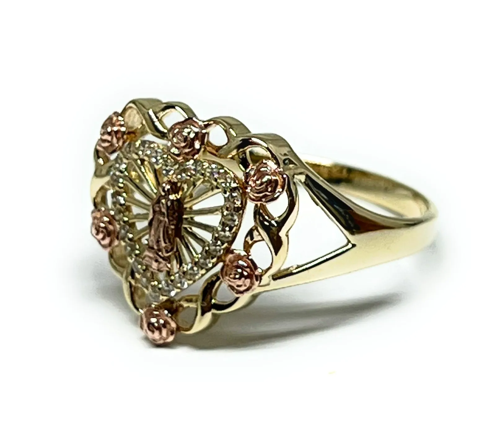 10k Solid Gold Yellow & Rose Gold VIRRGIN MARY FLOWER Ring (FC 253)