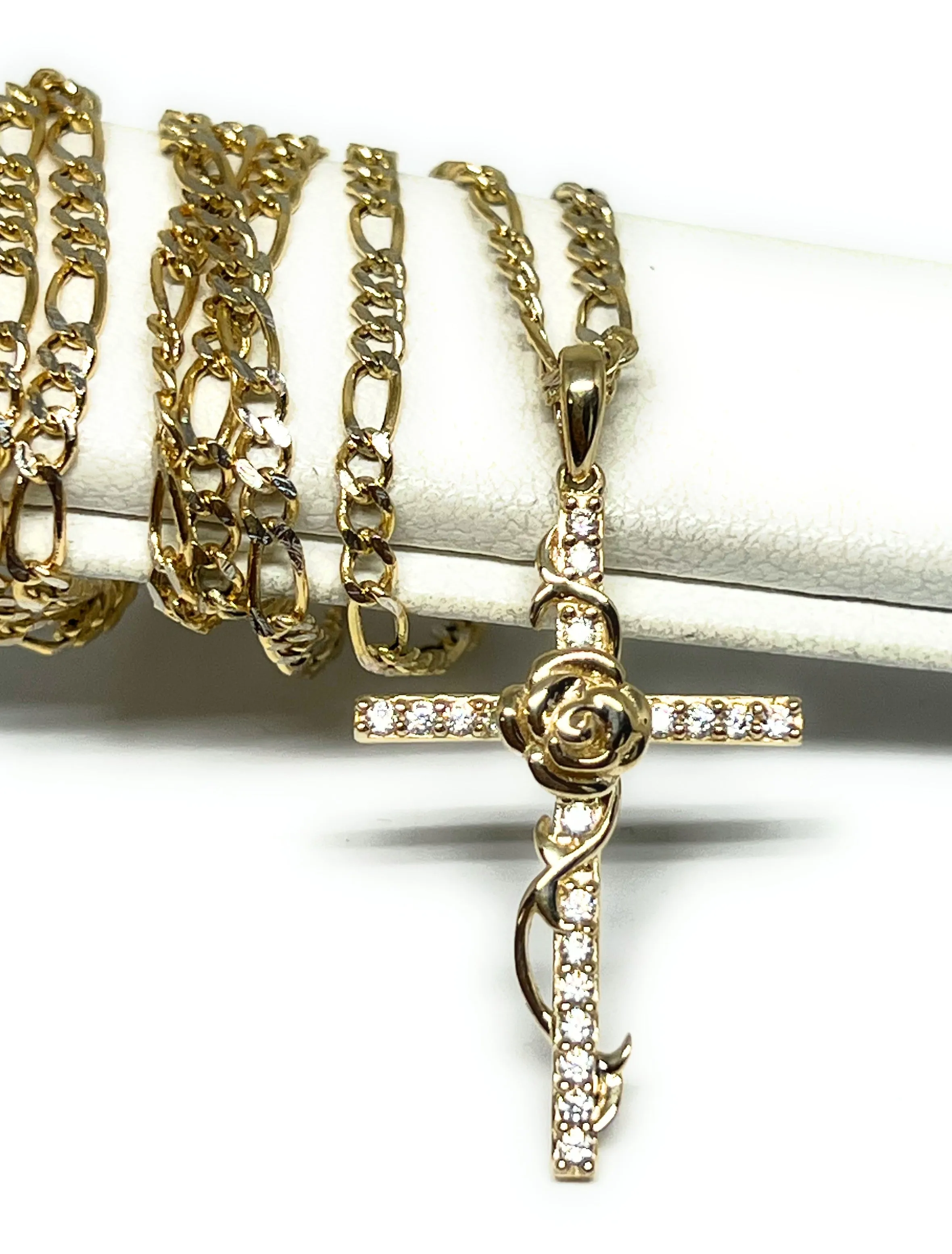 14k Solid Gold Flower Cross CZ Pendant (FC)