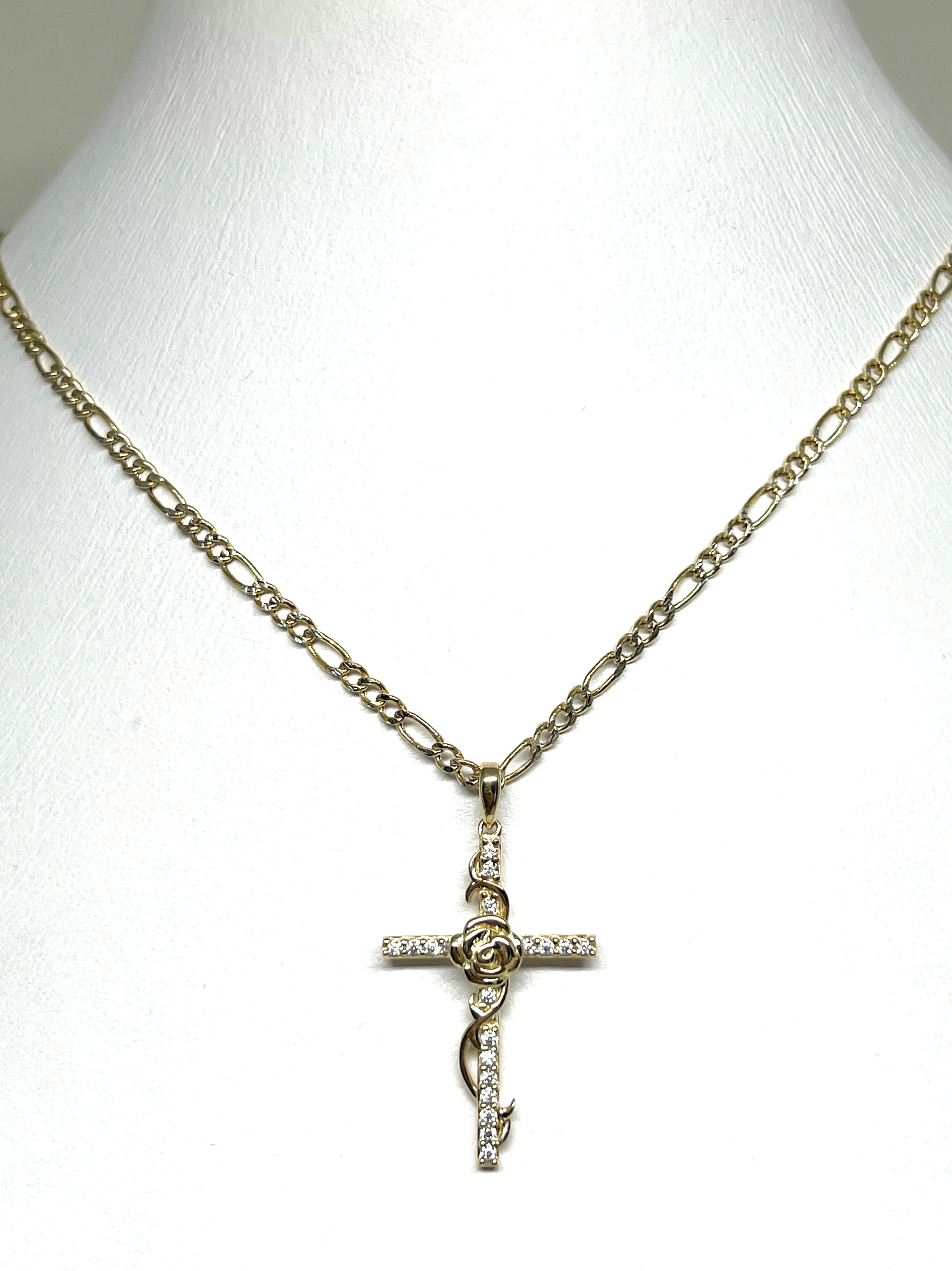 14k Solid Gold Flower Cross CZ Pendant (FC)