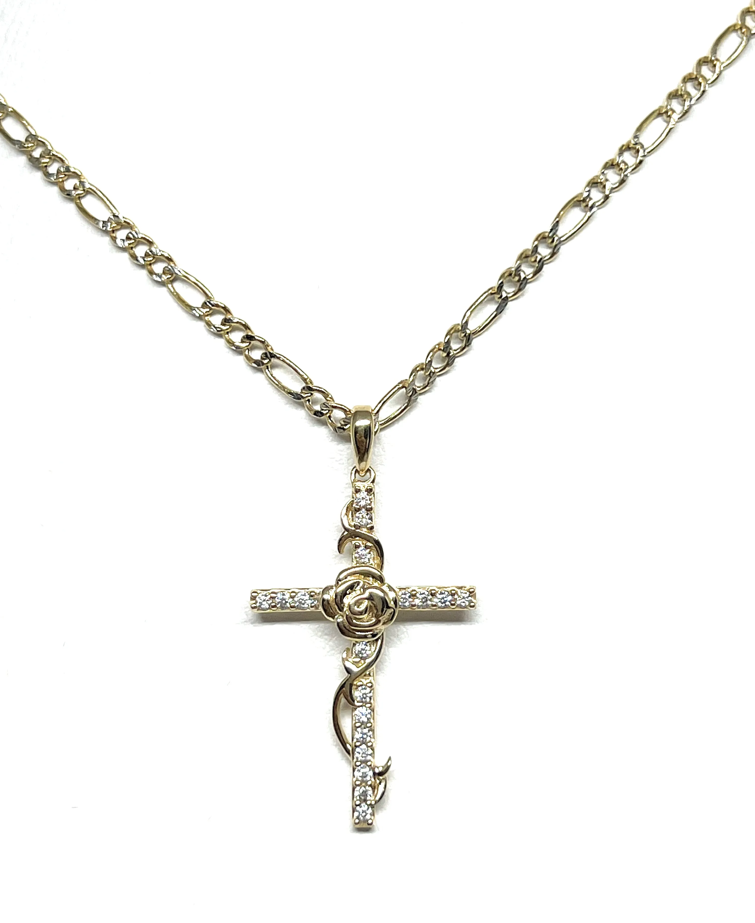 14k Solid Gold Flower Cross CZ Pendant (FC)