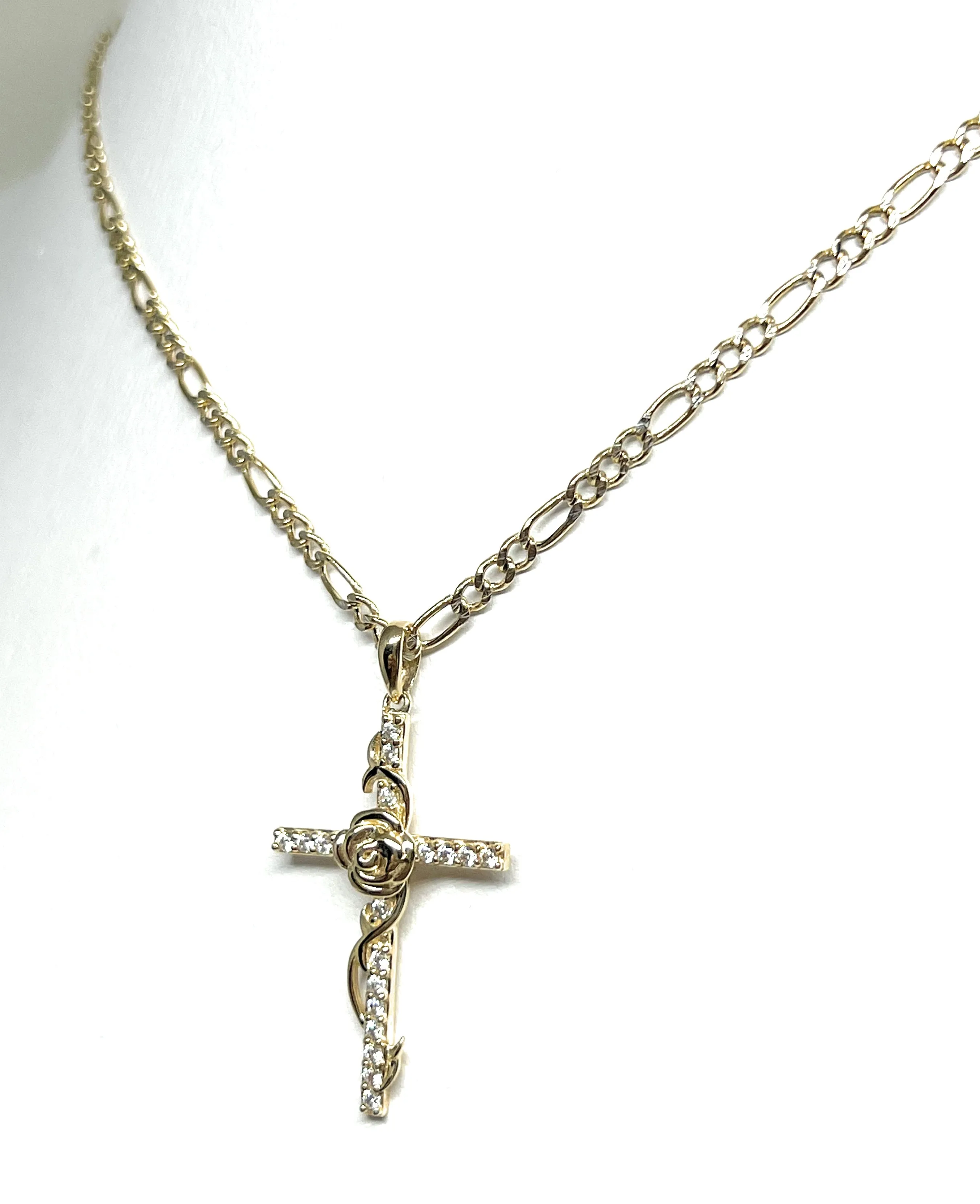 14k Solid Gold Flower Cross CZ Pendant (FC)