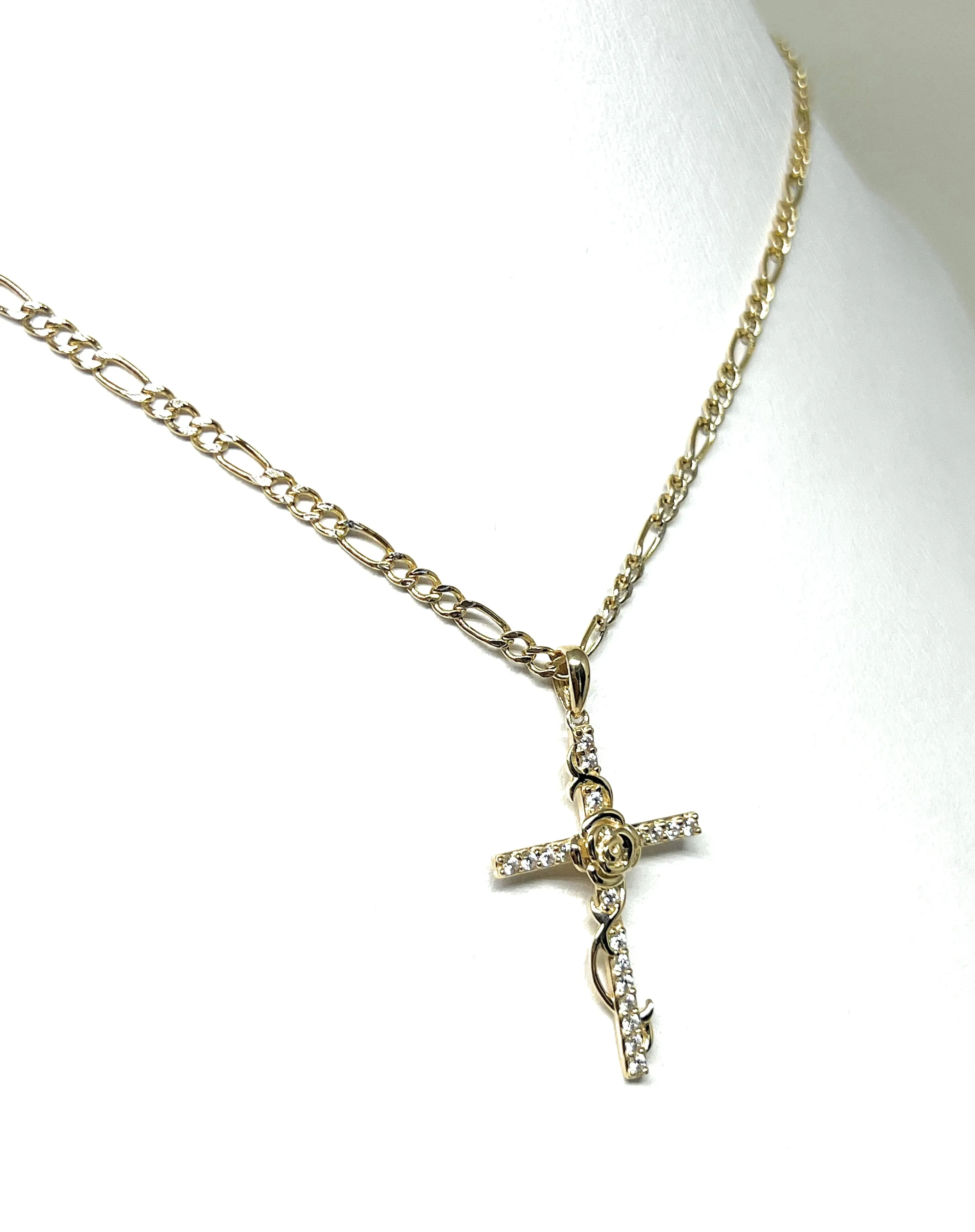 14k Solid Gold Flower Cross CZ Pendant (FC)