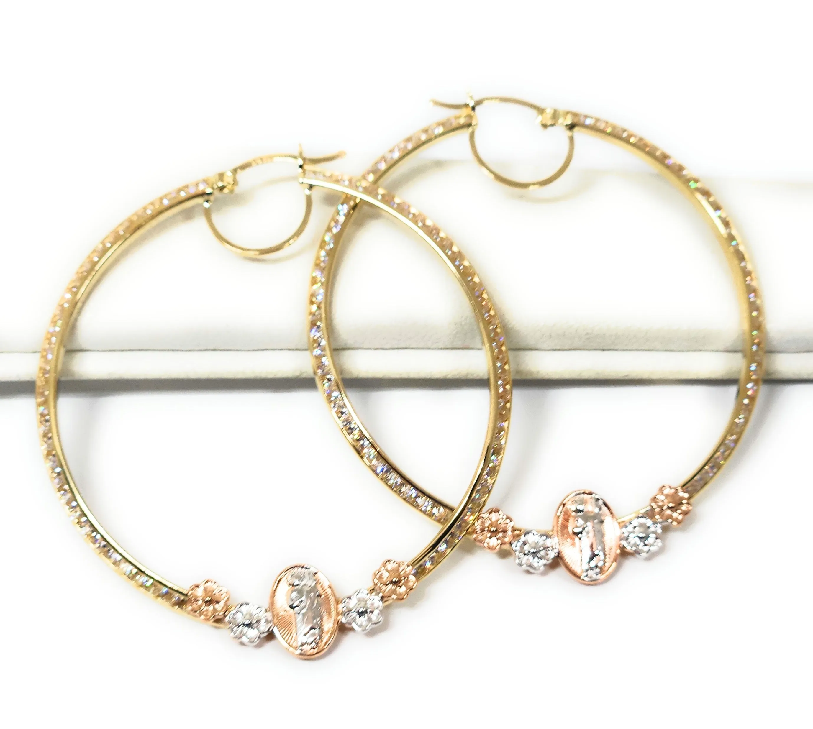 14k Solid Gold Tri-Color SAAN JUDAS FLOWER CZ Hoop Earrings