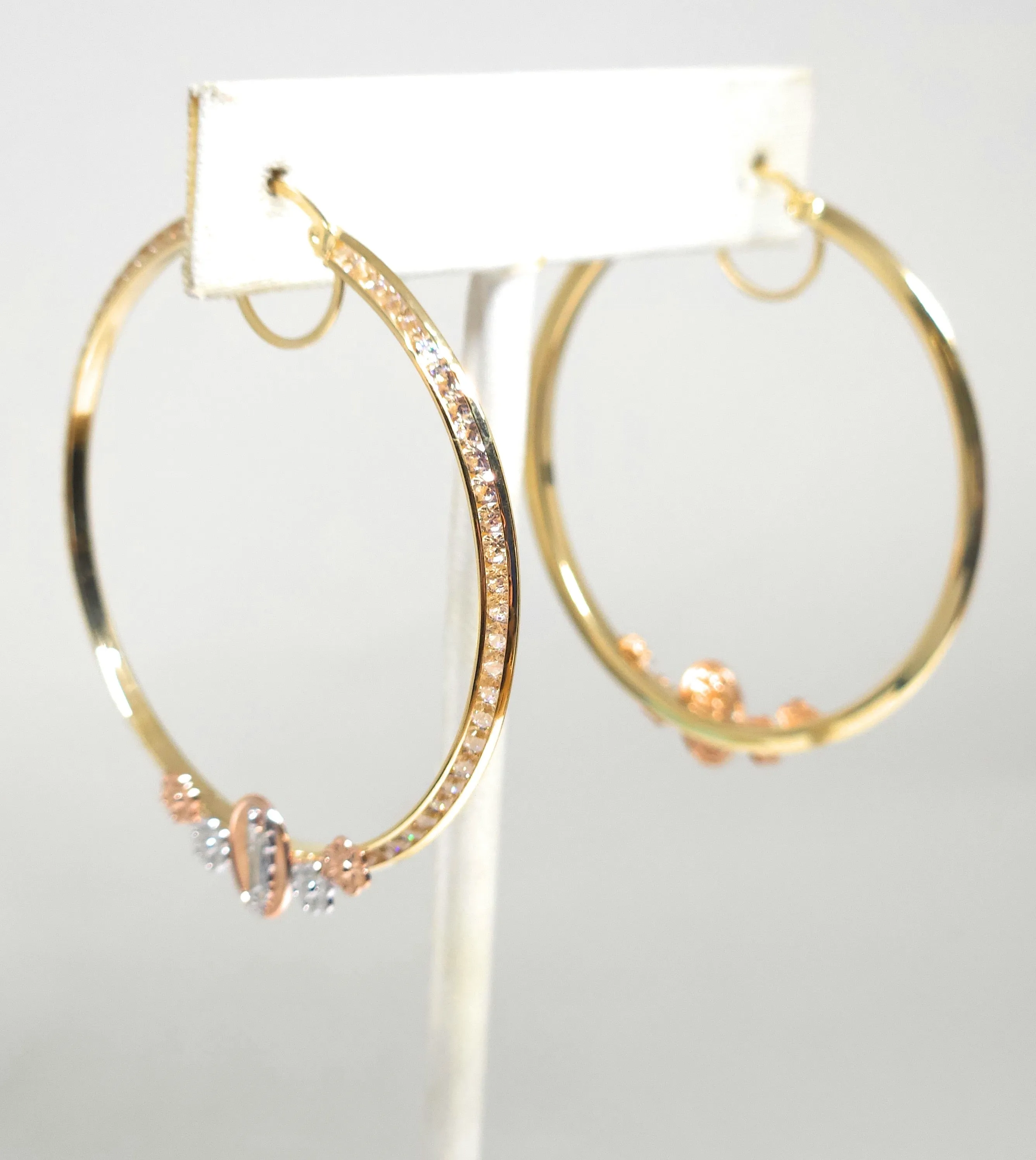 14k Solid Gold Tri-Color SAAN JUDAS FLOWER CZ Hoop Earrings