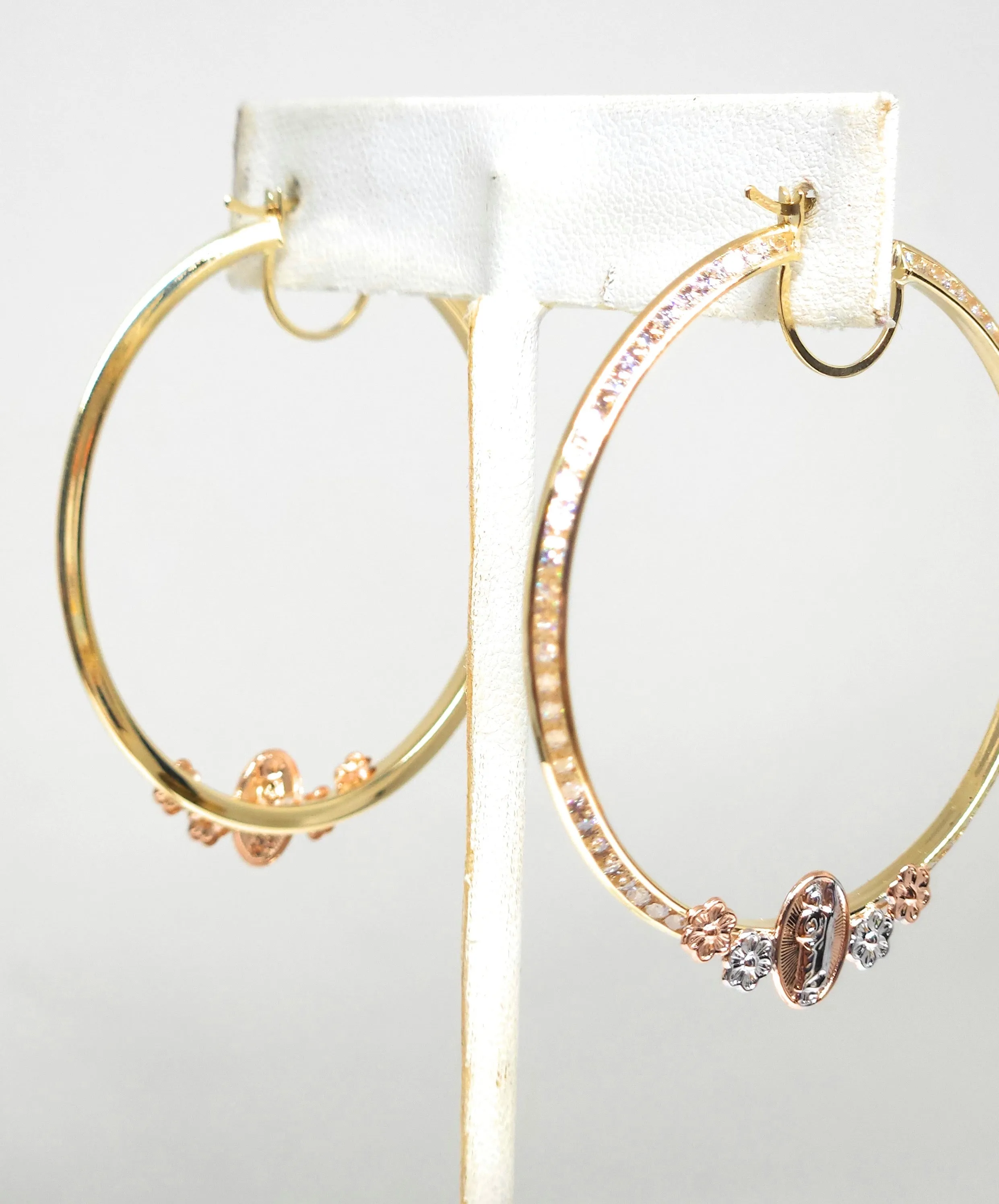 14k Solid Gold Tri-Color SAAN JUDAS FLOWER CZ Hoop Earrings