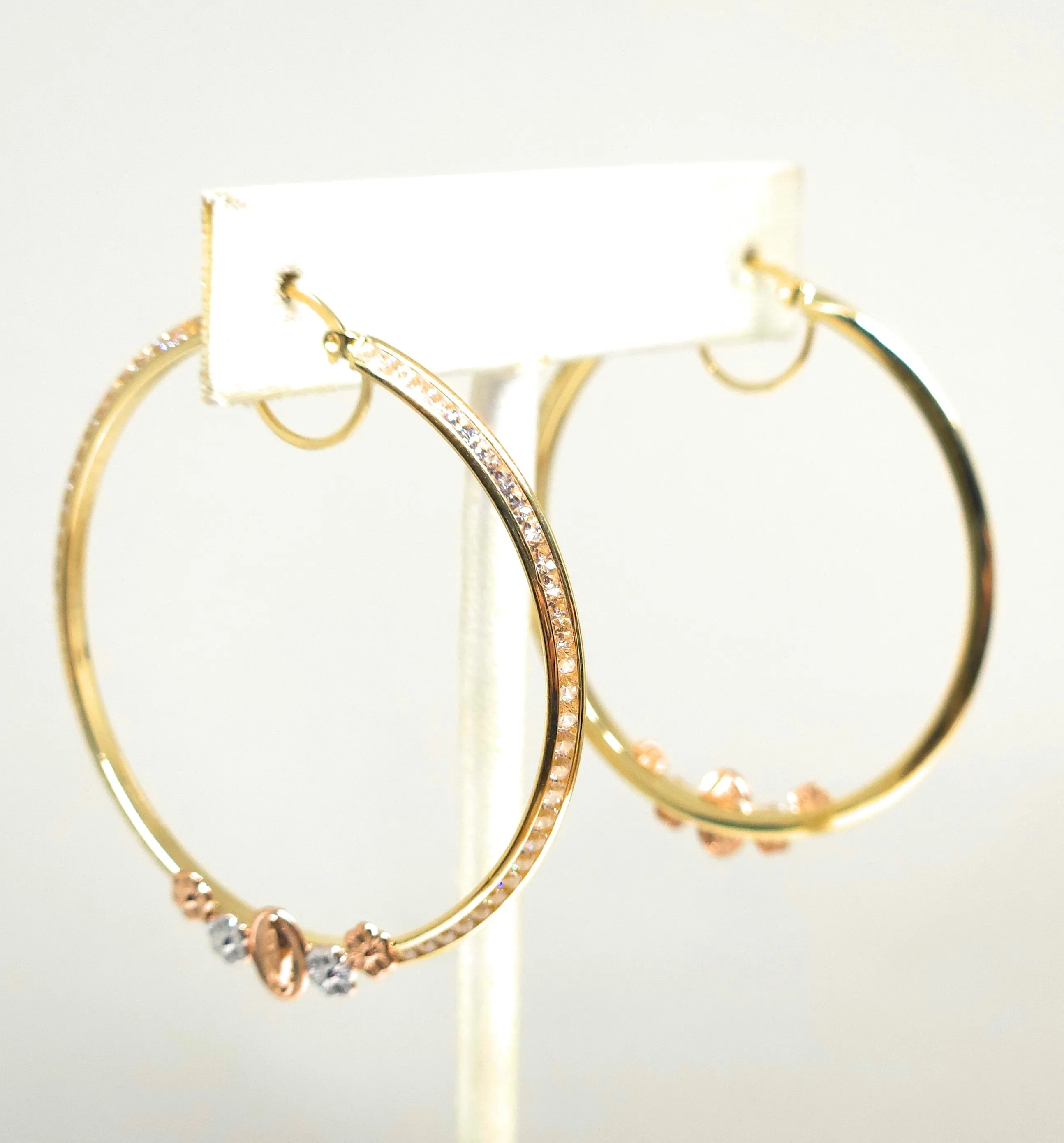 14k Solid Gold Tri-Color Virrgin Mary FLOWER CZ Hoop Earrings