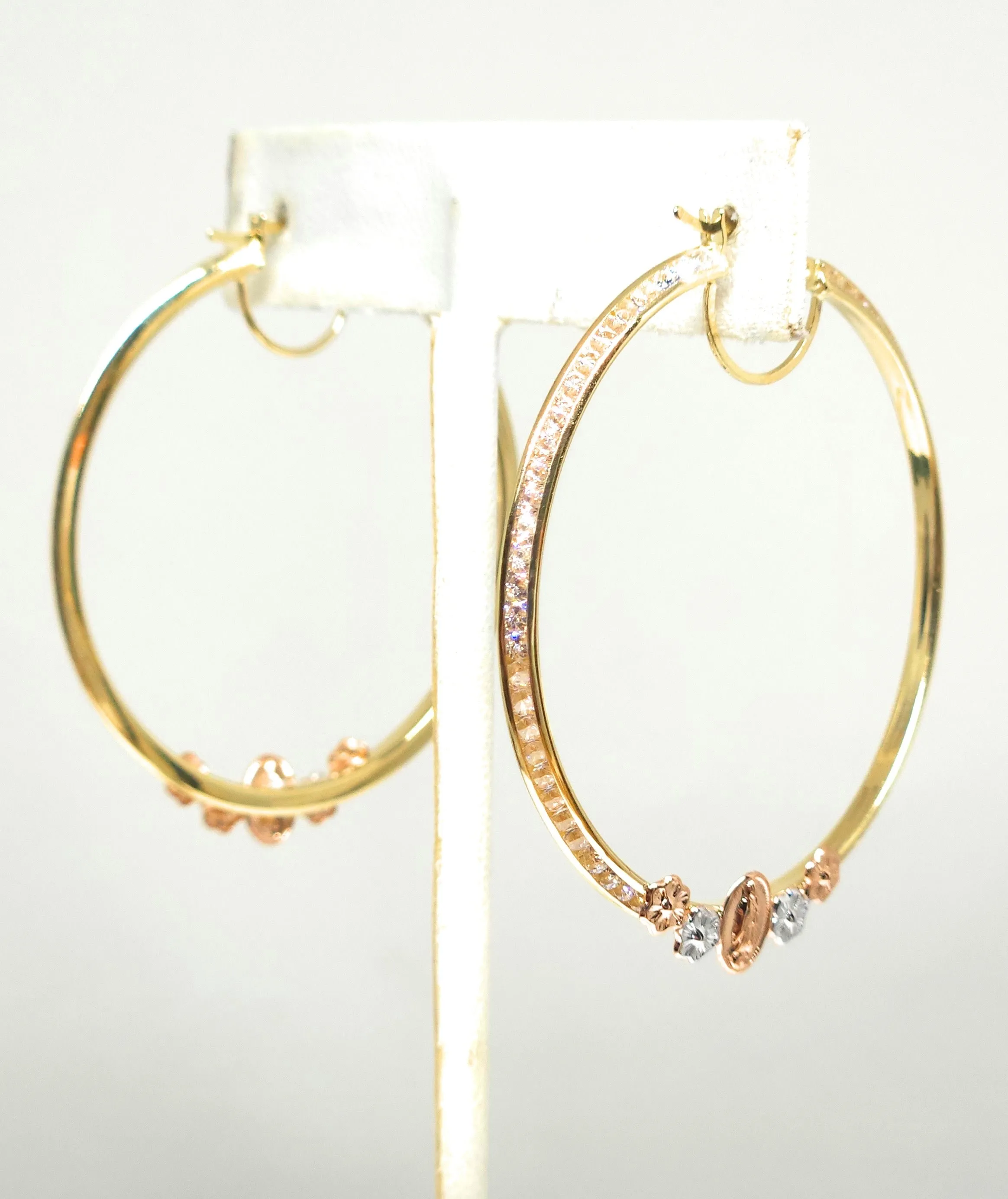 14k Solid Gold Tri-Color Virrgin Mary FLOWER CZ Hoop Earrings