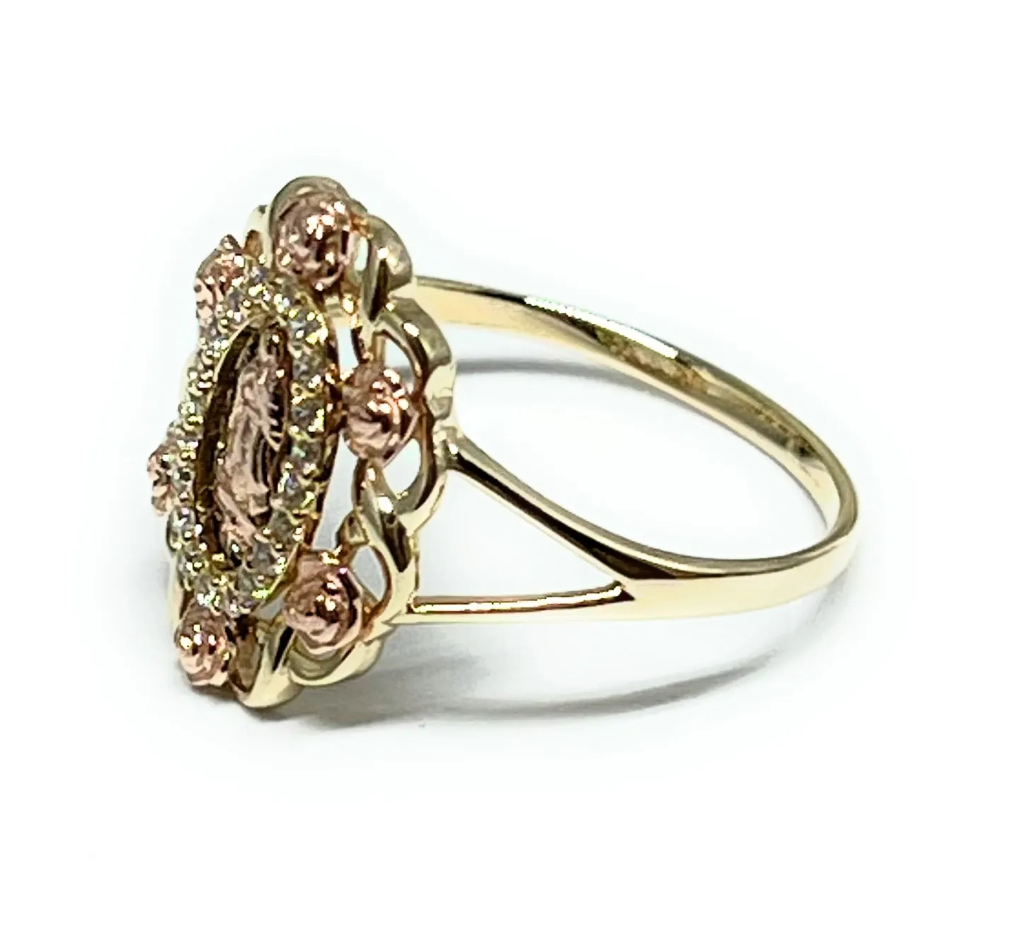 14k Solid Gold Tri-Color Virrgin Mary Flower CZ Ring (FC 213)