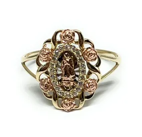 14k Solid Gold Tri-Color Virrgin Mary Flower CZ Ring (FC 213)