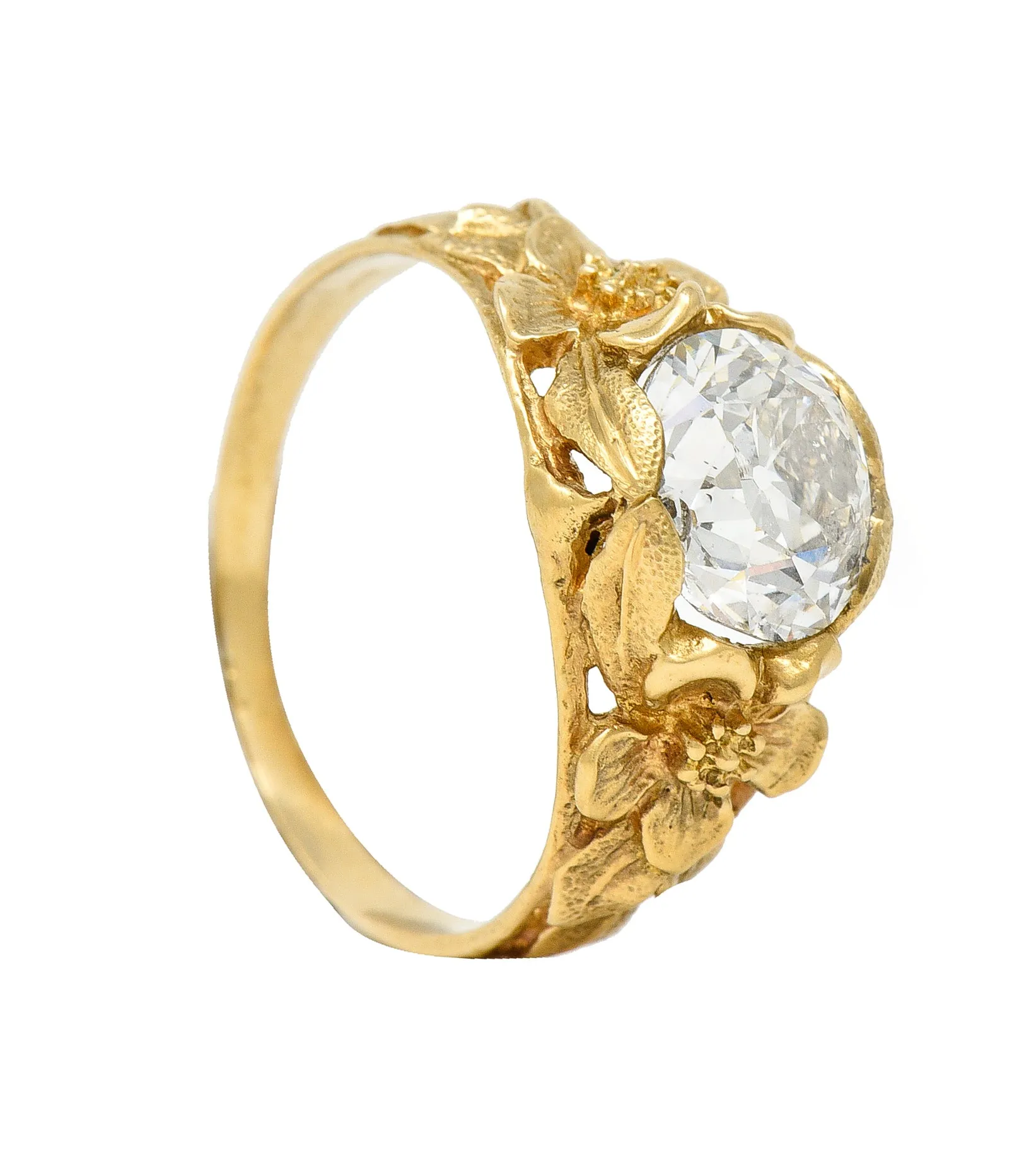 Art Nouveau 1.93 CTW Diamond 14 Karat Yellow Gold Orange Blossom Flower Antique Solitaire Engagement Ring