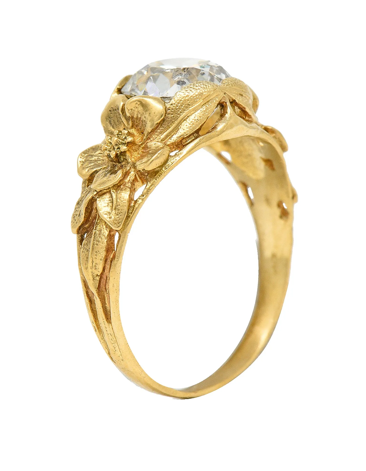 Art Nouveau 1.93 CTW Diamond 14 Karat Yellow Gold Orange Blossom Flower Antique Solitaire Engagement Ring