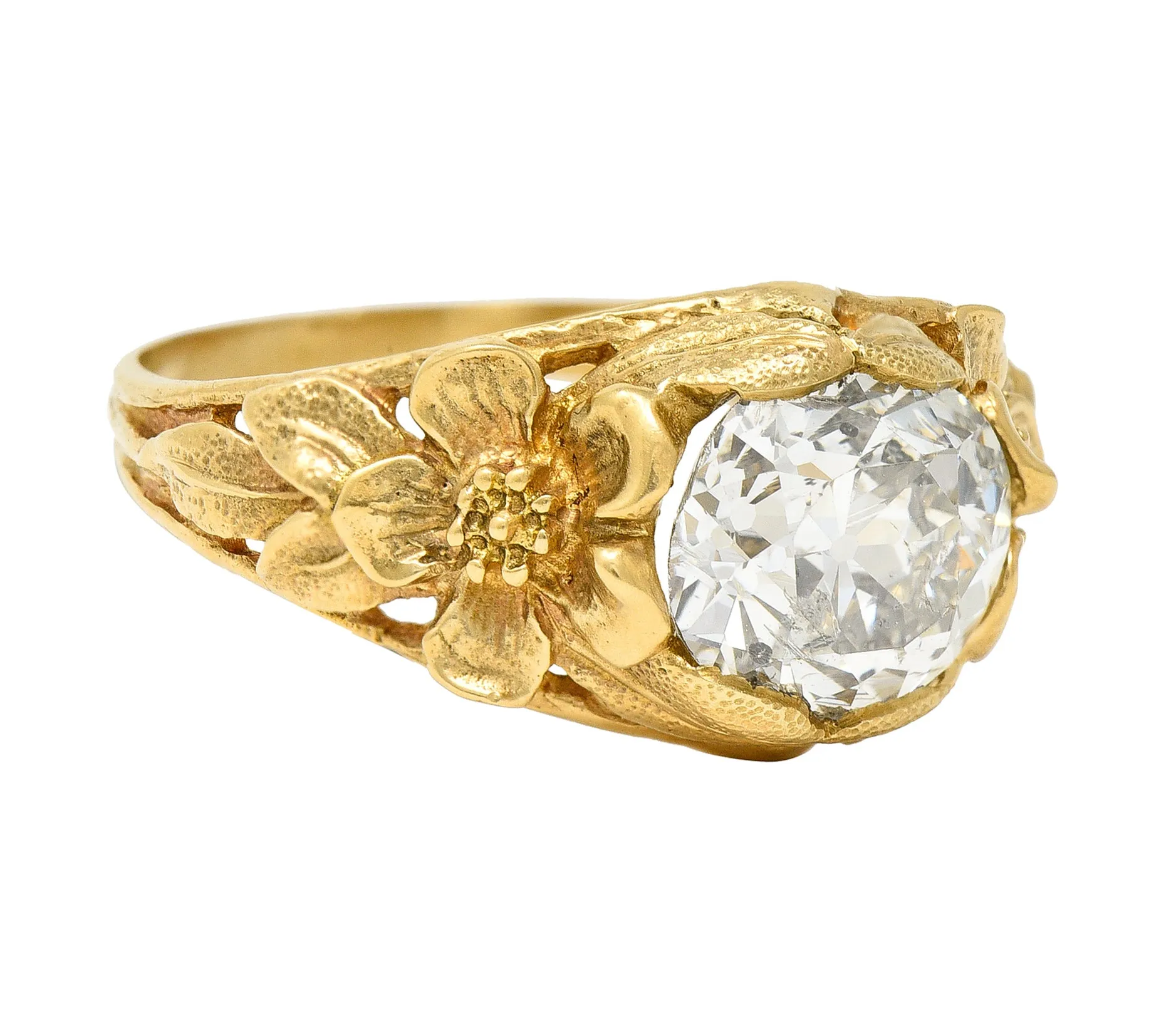 Art Nouveau 1.93 CTW Diamond 14 Karat Yellow Gold Orange Blossom Flower Antique Solitaire Engagement Ring