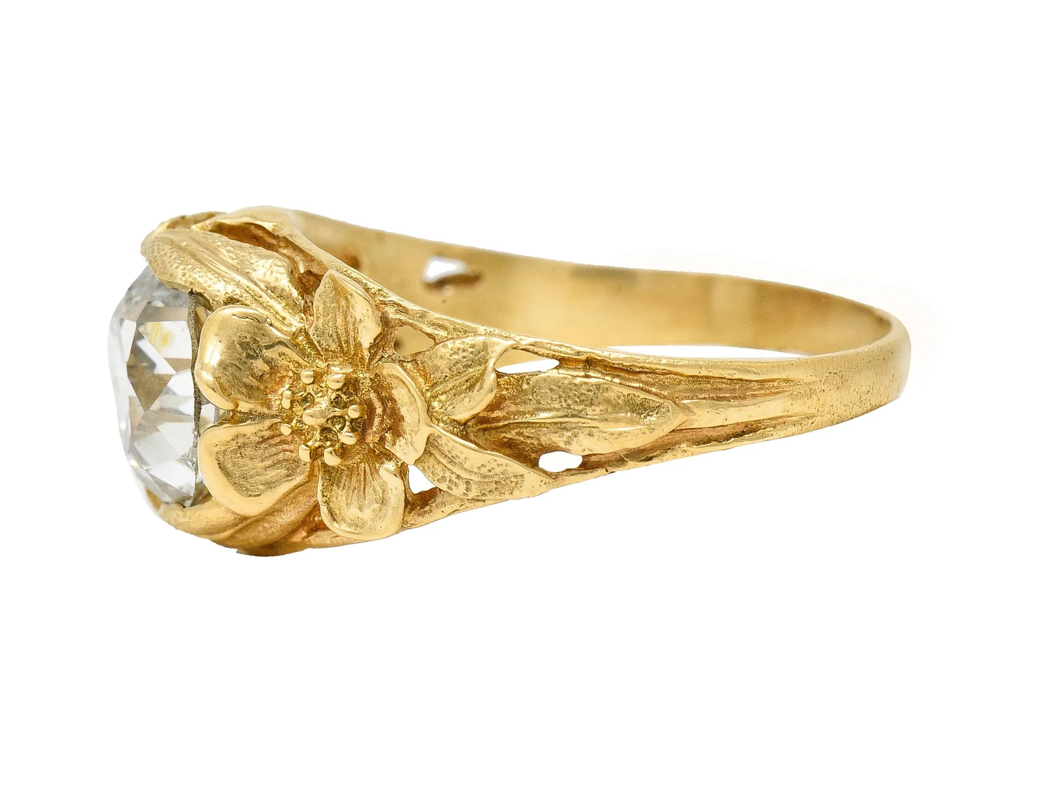 Art Nouveau 1.93 CTW Diamond 14 Karat Yellow Gold Orange Blossom Flower Antique Solitaire Engagement Ring