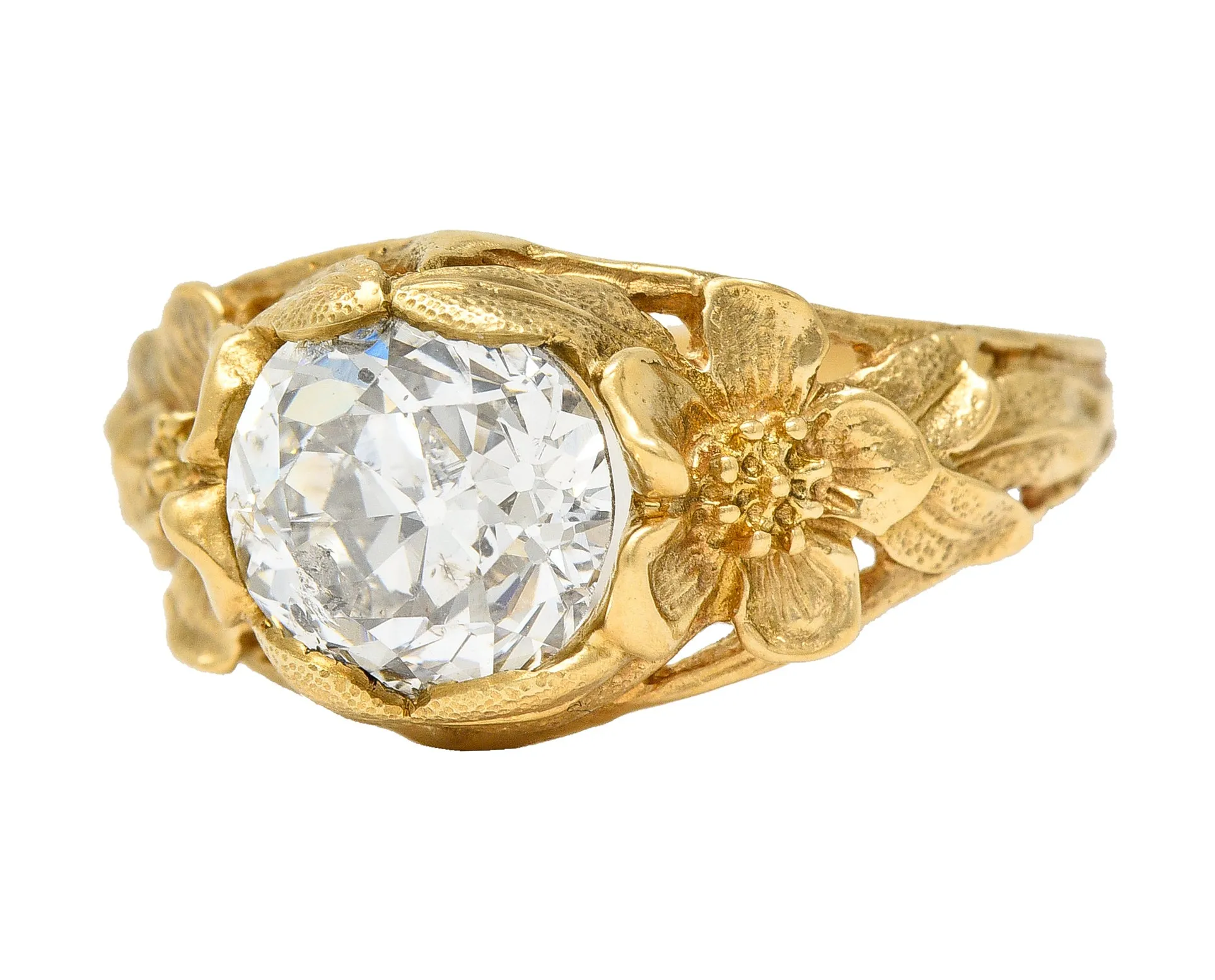 Art Nouveau 1.93 CTW Diamond 14 Karat Yellow Gold Orange Blossom Flower Antique Solitaire Engagement Ring