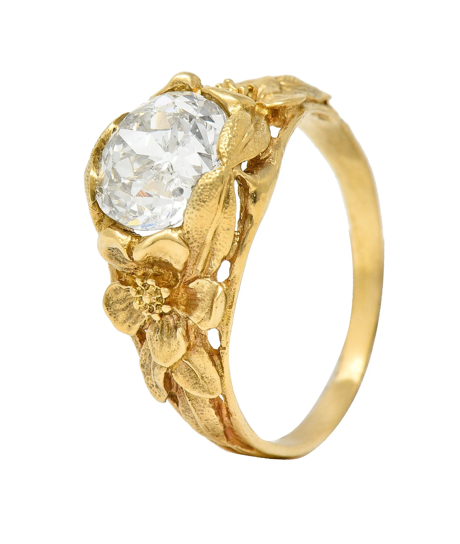 Art Nouveau 1.93 CTW Diamond 14 Karat Yellow Gold Orange Blossom Flower Antique Solitaire Engagement Ring