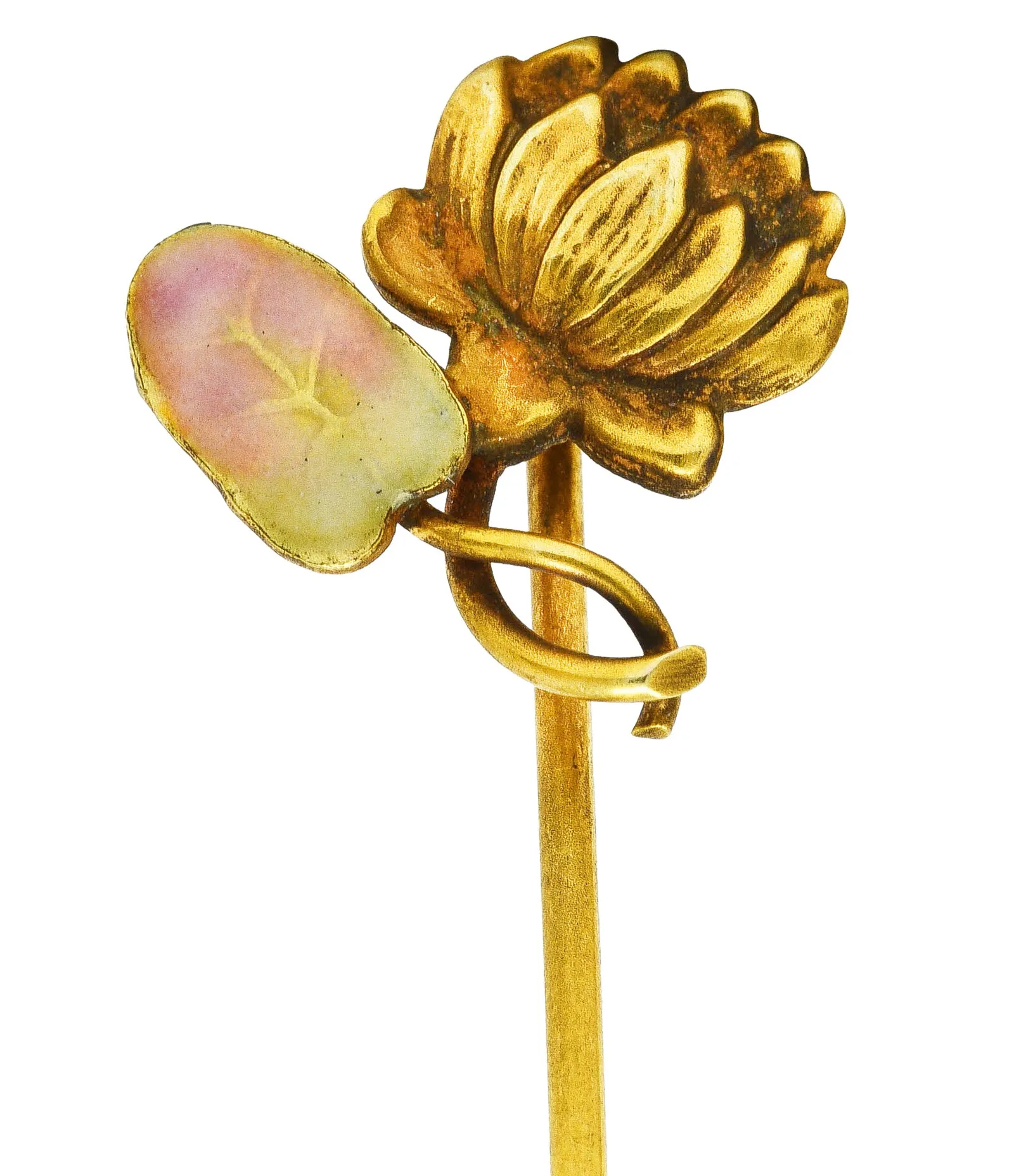 Art Nouveau Enamel 18 Karat Yellow Gold Lotus Flower Antique Stickpin