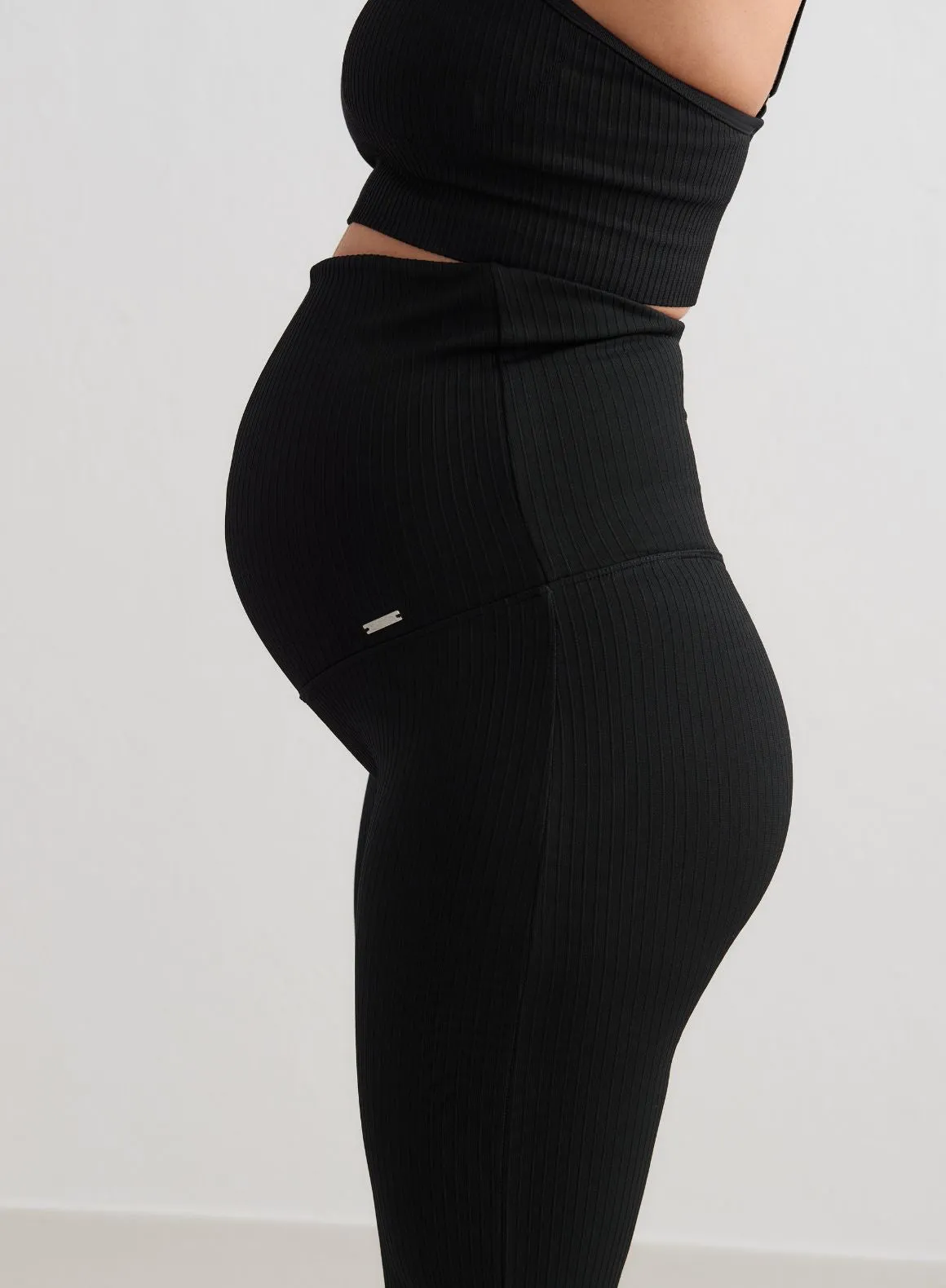 Black Ribbed Seamless Flare Maternity Tights