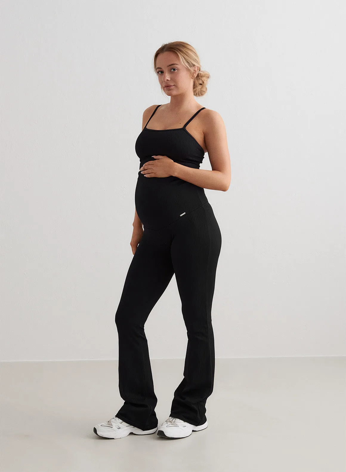 Black Ribbed Seamless Flare Maternity Tights