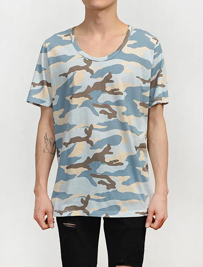 Blue Camouflage Short Sleeve Tshirts Mens Military Tees Scoop Neck Top