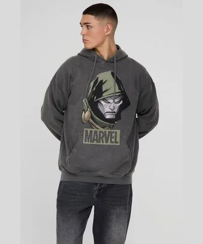 boohooMAN Mens Oversized Wash Marvel Dr Doom License Print Hoodie