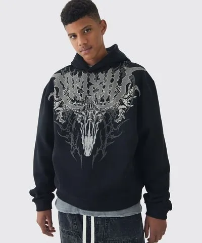 boohooMAN Mens Tall Oversized Boxy Gothic Large Scale Print Hoodie