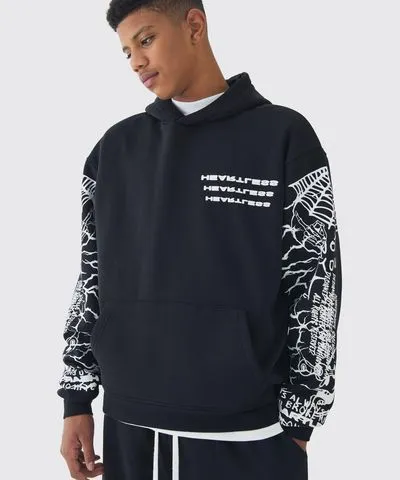 boohooMAN Mens Tall Oversized Boxy Sleeve Print Hoodie