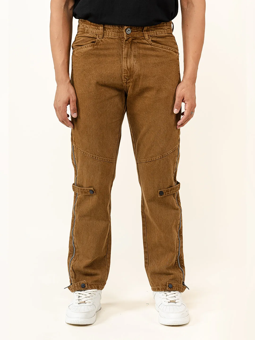 Camel Brown Straight Fit Side Zipper Denim Jeans