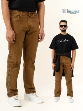 Camel Brown Straight Fit Side Zipper Denim Jeans