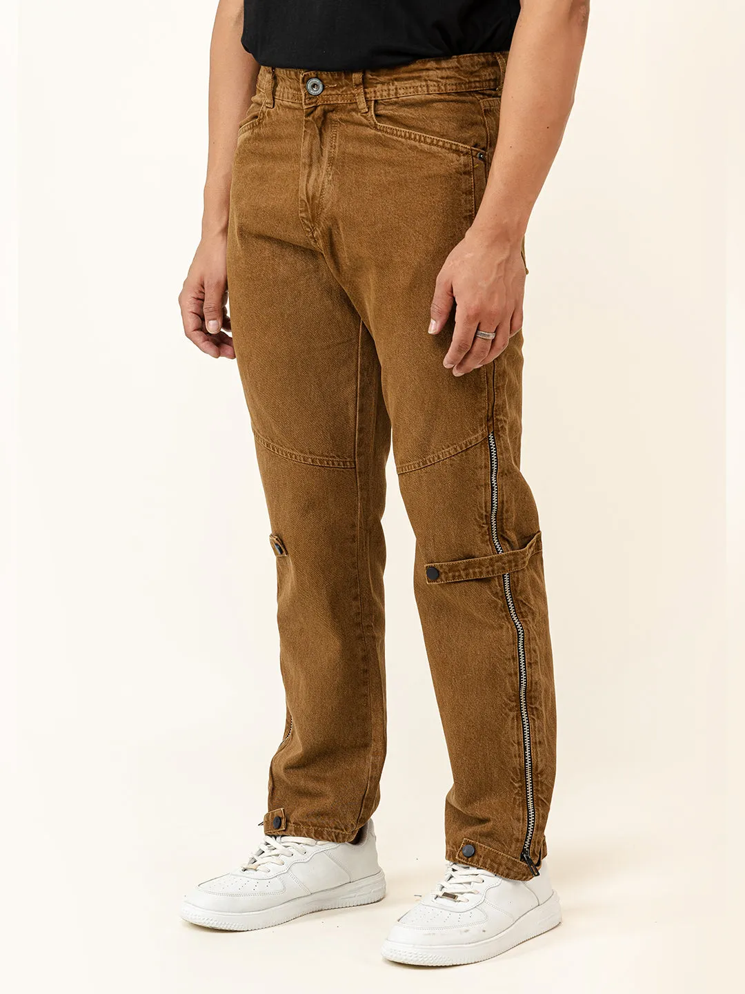 Camel Brown Straight Fit Side Zipper Denim Jeans