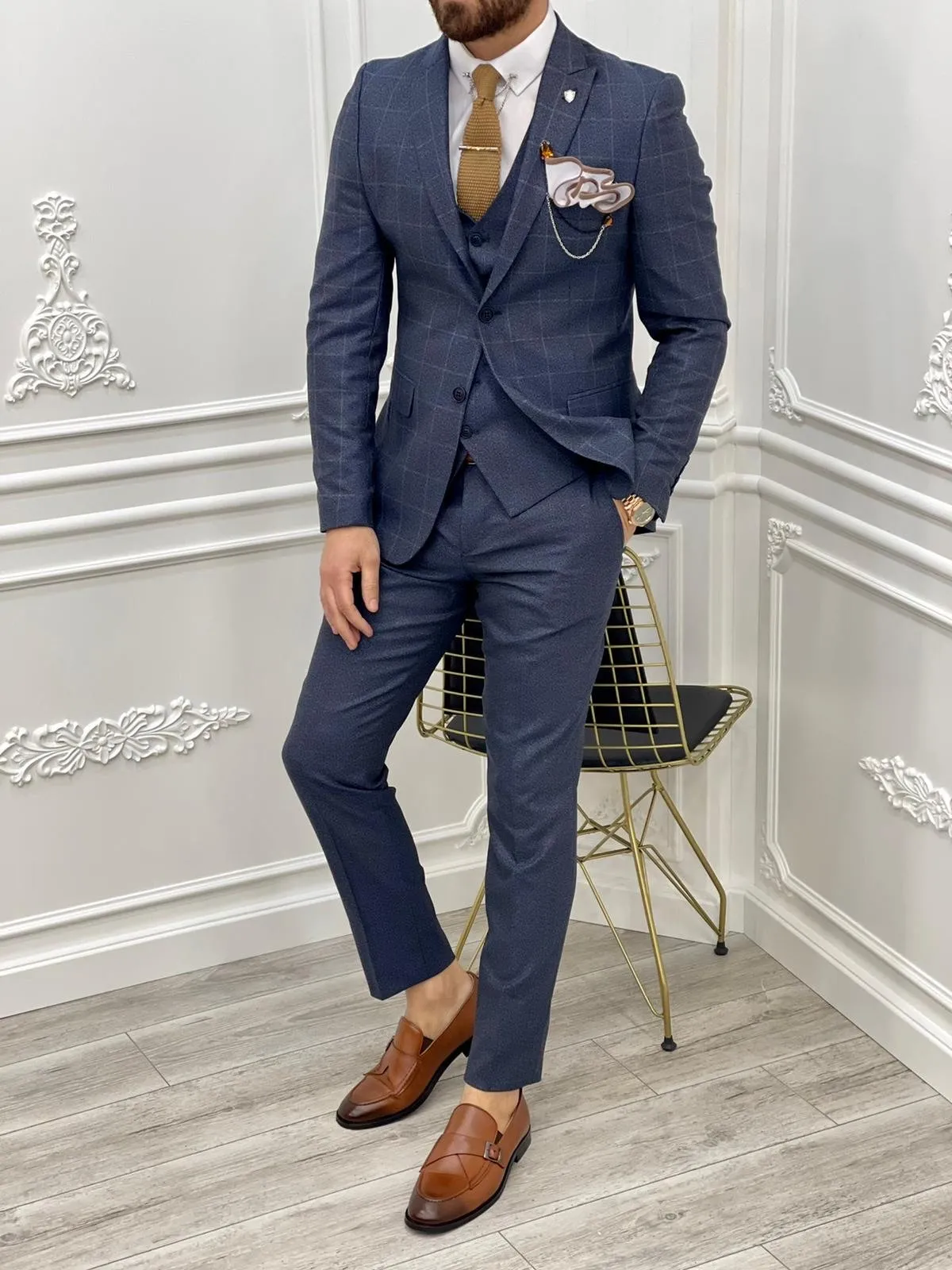 Casatani Navy Blue Slim Fit Plaid Suit