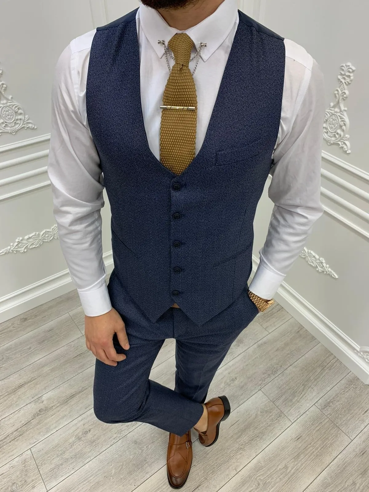 Casatani Navy Blue Slim Fit Plaid Suit