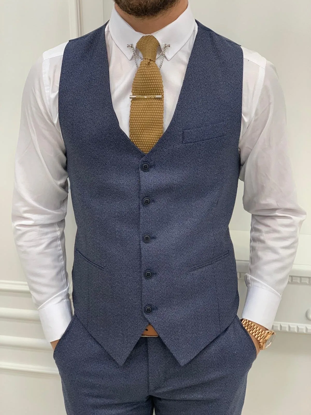 Casatani Navy Blue Slim Fit Plaid Suit