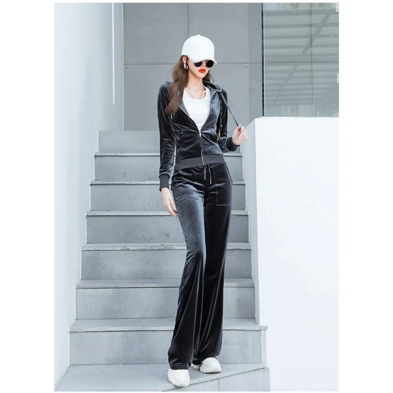 Casual Women's Solid Zipper Full Sleeves Hoodie Flare Pants Two Piece Set