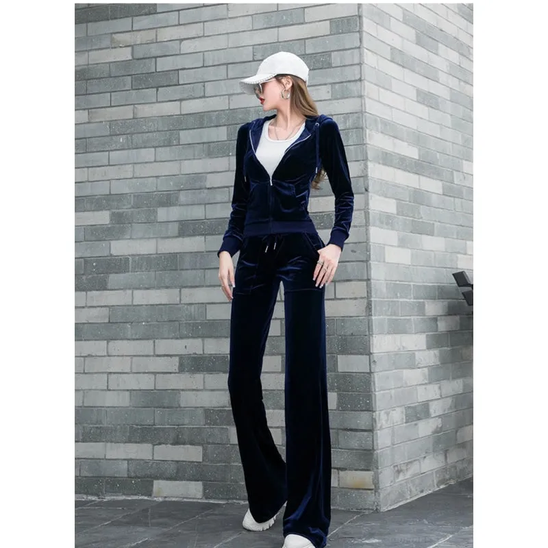 Casual Women's Solid Zipper Full Sleeves Hoodie Flare Pants Two Piece Set