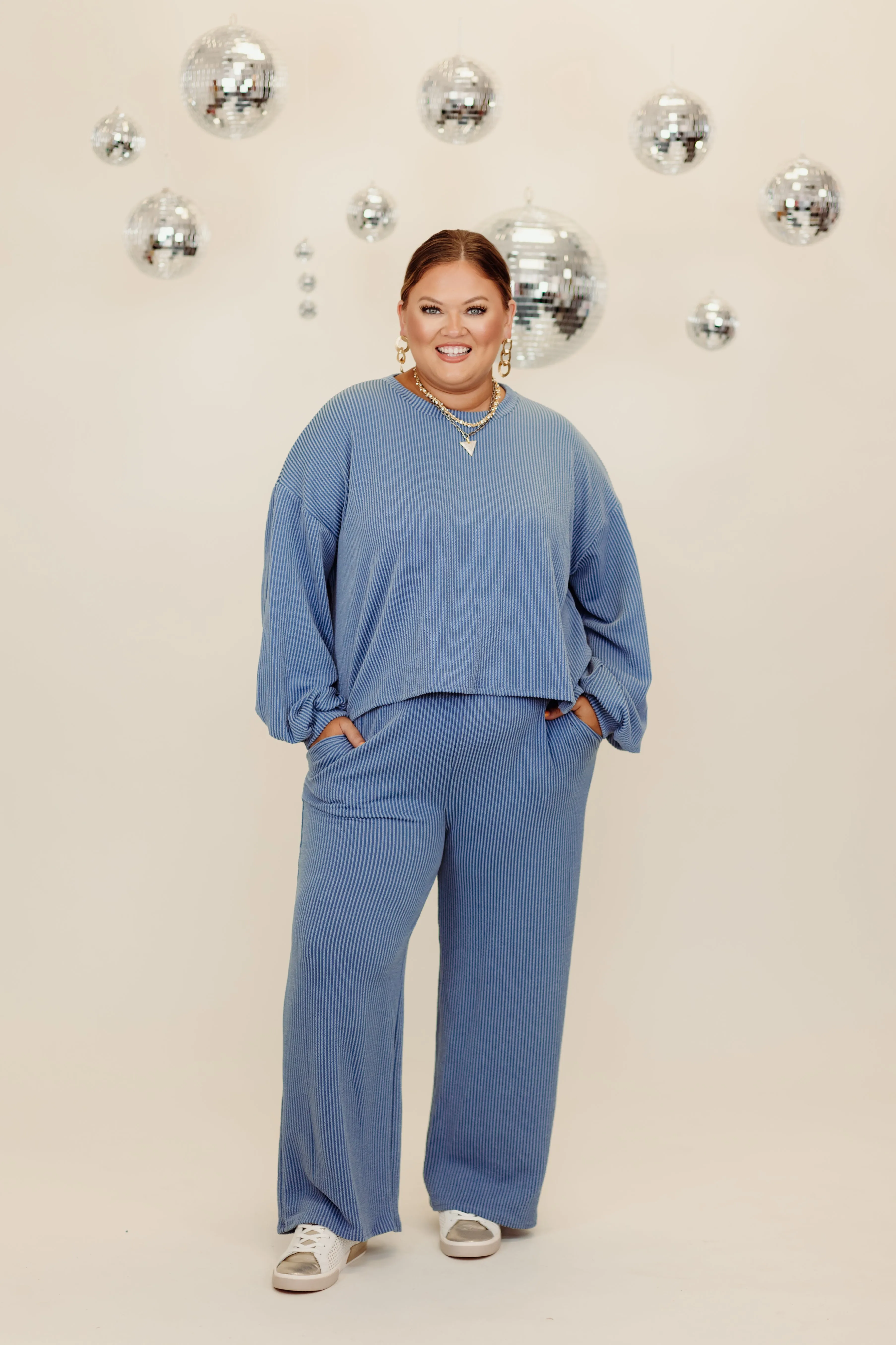 Cornflower Blue Oversized Ribbed Long Sleeve Top and Pant Set