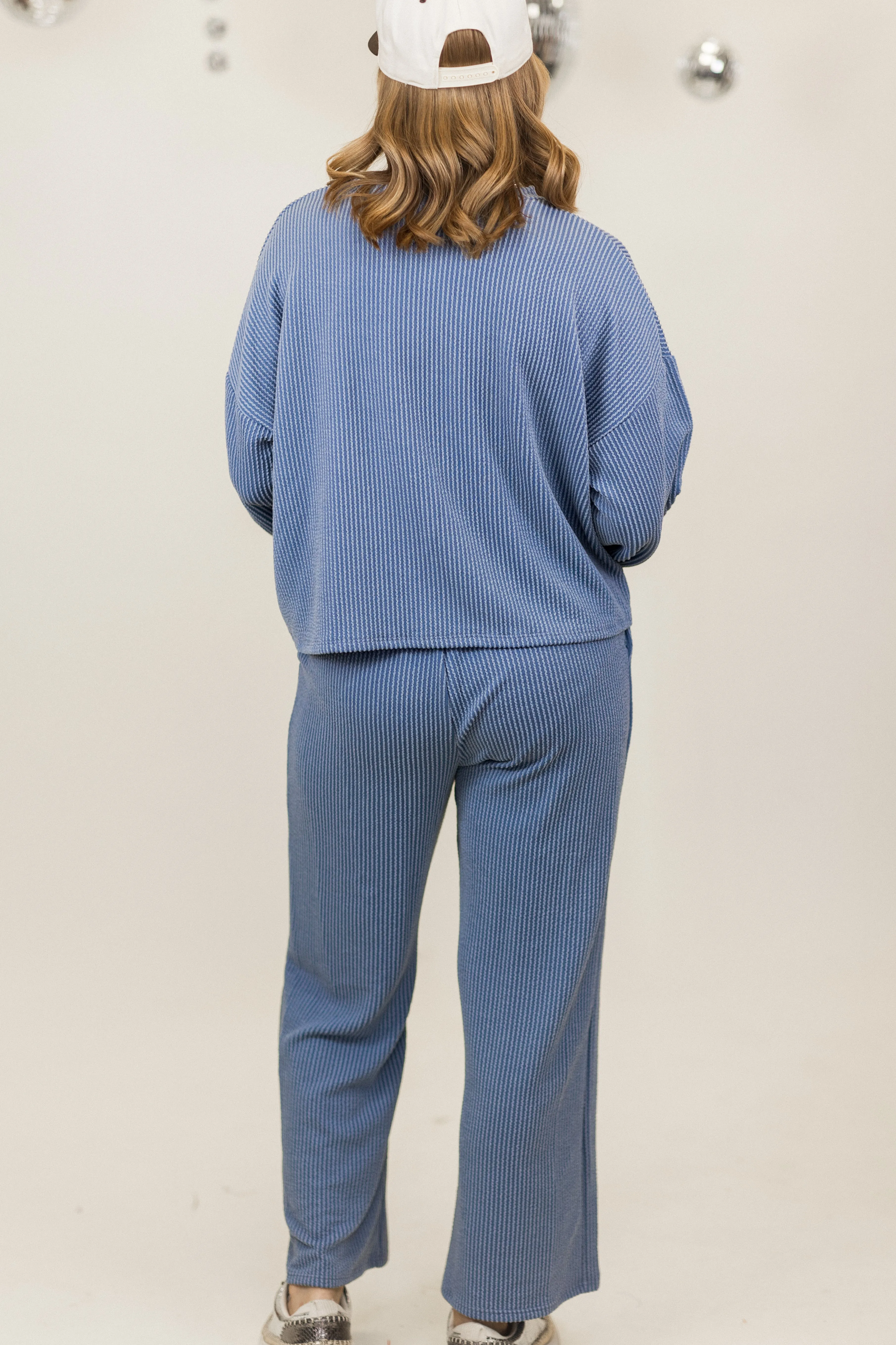 Cornflower Blue Oversized Ribbed Long Sleeve Top and Pant Set