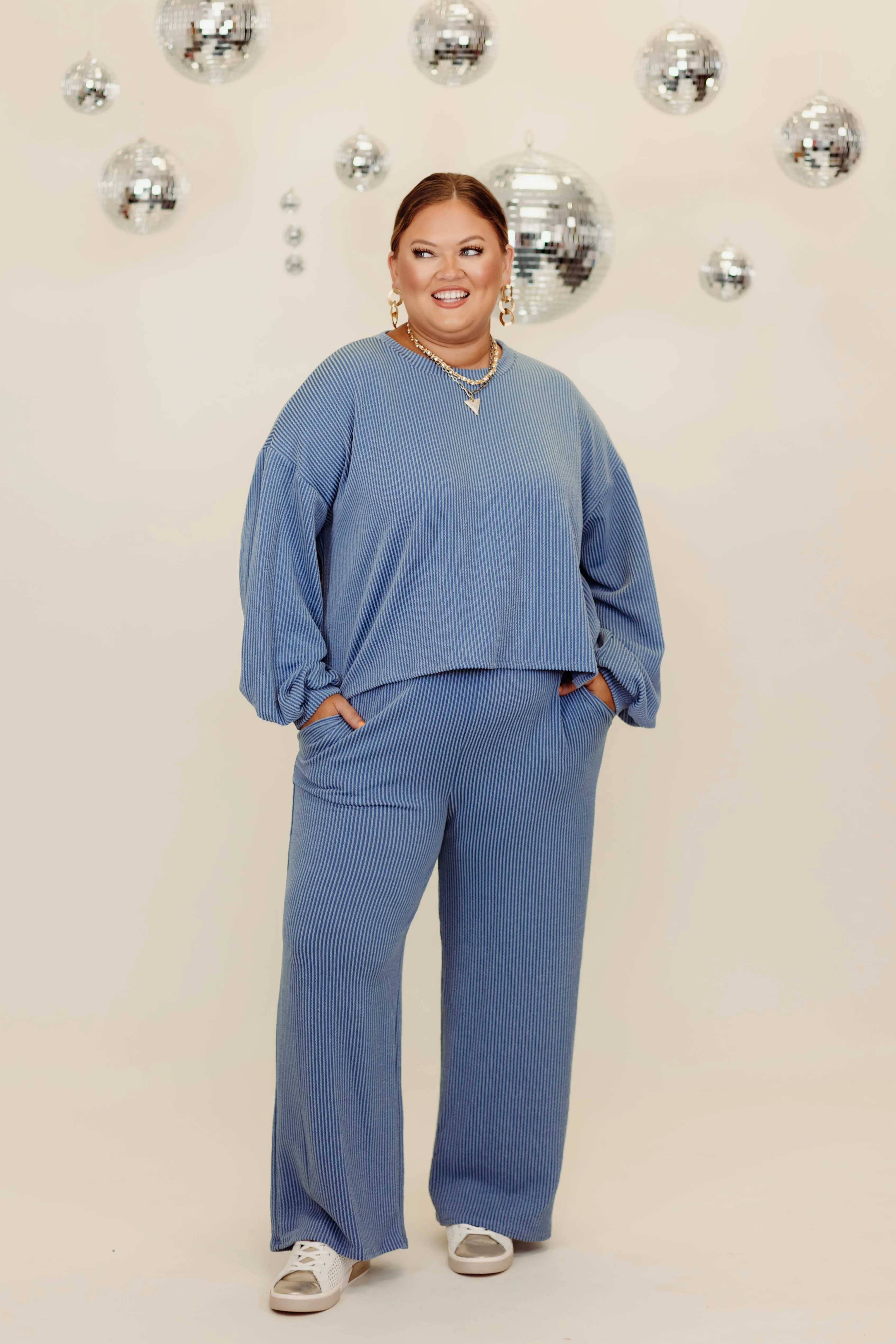 Cornflower Blue Oversized Ribbed Long Sleeve Top and Pant Set