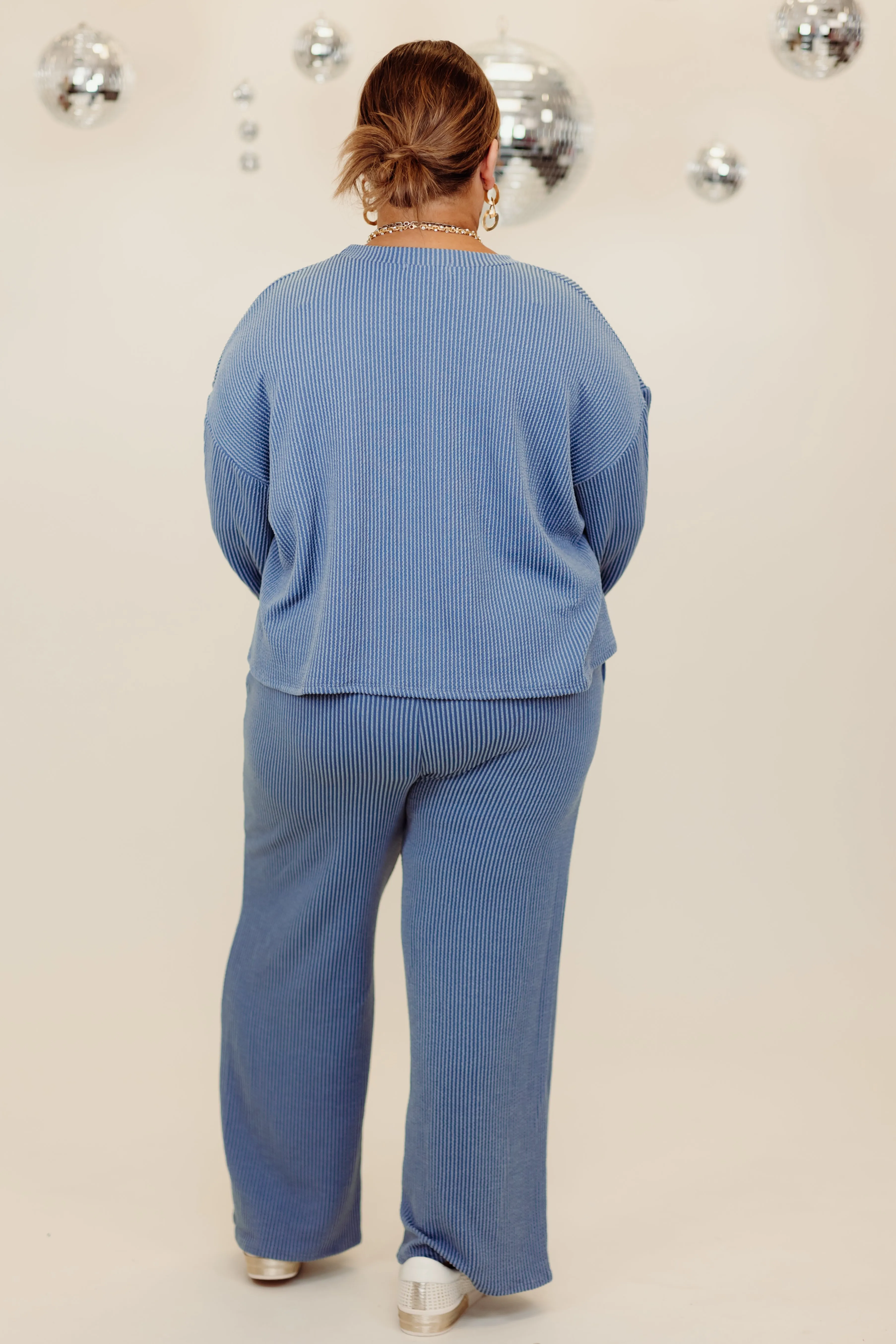 Cornflower Blue Oversized Ribbed Long Sleeve Top and Pant Set