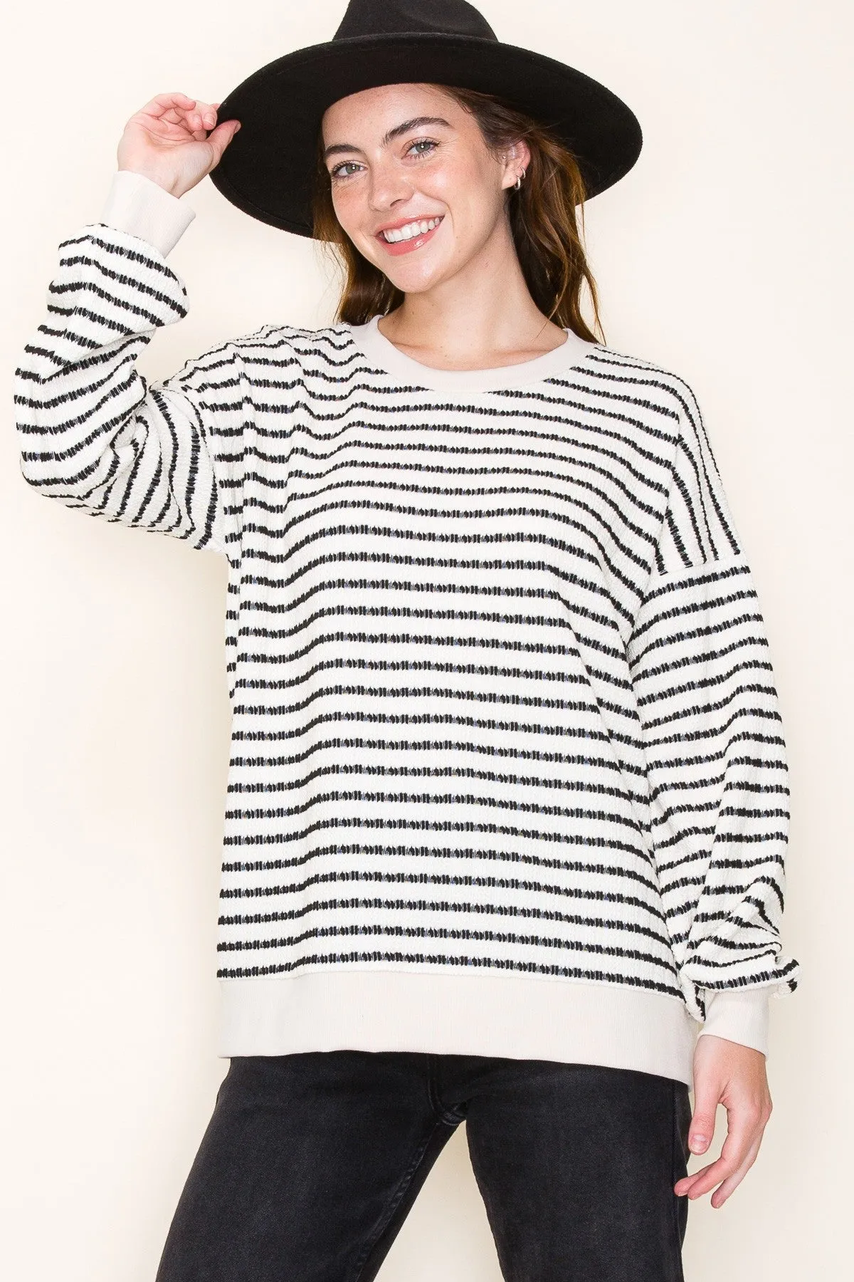 Cream Striped Textured Long Sleeve Top