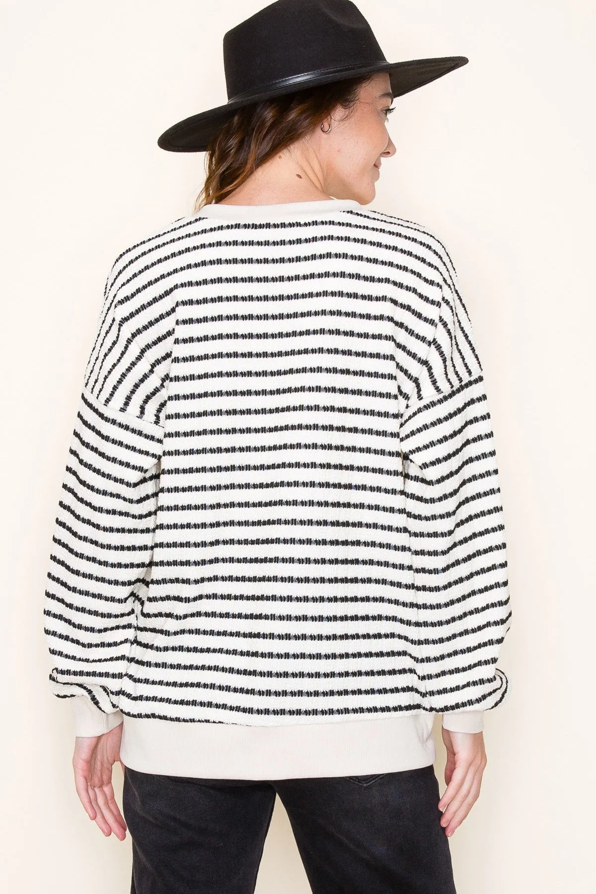 Cream Striped Textured Long Sleeve Top