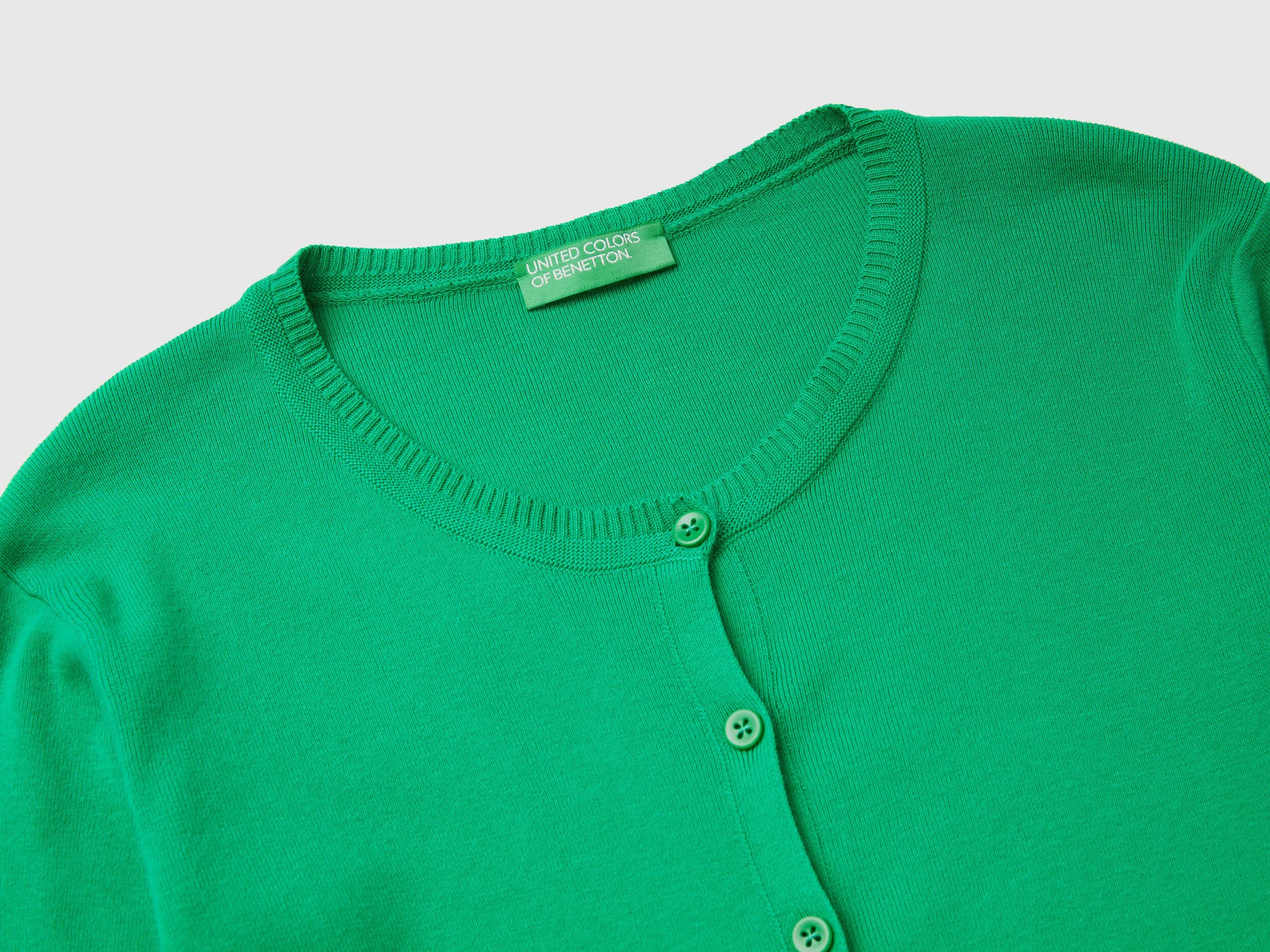 Crew neck cardigan in pure cotton - Green | Benetton